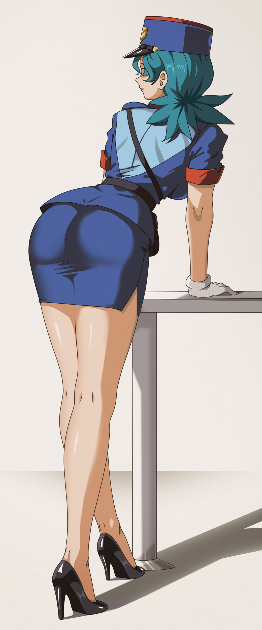 absurdres ass bare_legs belt black_belt blue_hair blue_hat blue_shirt breasts closed_mouth facing_away female from_behind full_body gloves hat high_heels highres leaning_forward leaning_on_table long_hair medium_breasts miniskirt officer_jenny_(pokemon) pencil_skirt pokemon pokemon_(anime) police police_hat police_uniform policewoman red_lips shirt skirt solo thighs vivivoovoo white_gloves