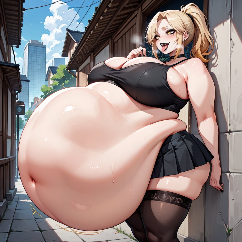 ai_generated alley belly big_breasts blonde_hair bra breasts chubby chubby_belly curvy gold_eyes miniskirt outside panting pierced_ears ponytail post-vore skirt sports_bra thick_thighs thighs tongue tongue_out vore vore_belly