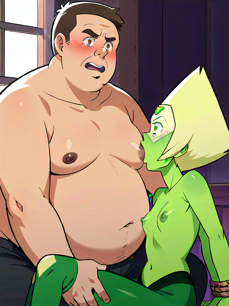 1boy 1girls ai_generated bondage fat_man femsub forced green_skin male maledom moobs peridot_(steven_universe) rape scared small_breasts steven_universe sucking_male_nipple suckling tears