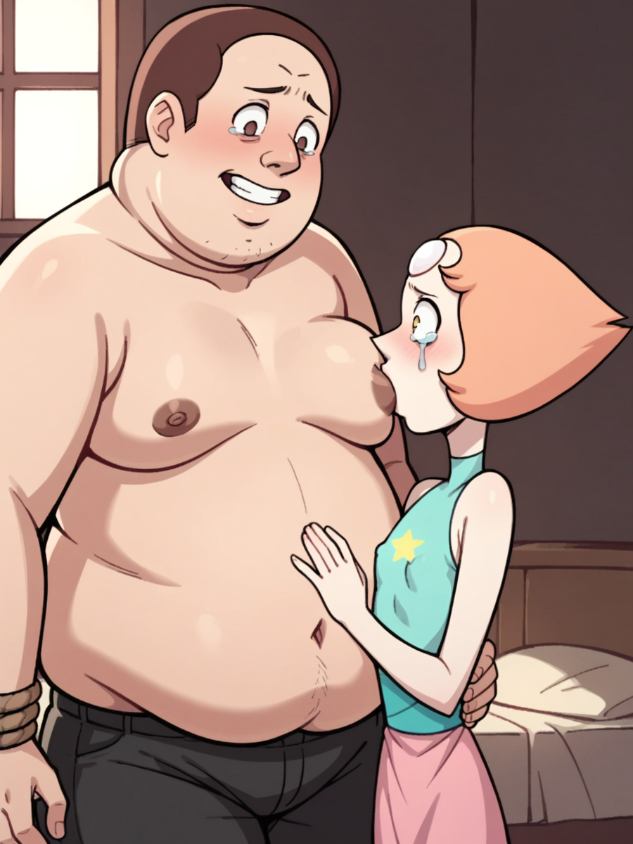 1boy 1girls ai_generated bondage fat_man femsub forced maledom moobs pearl_(steven_universe) rape scared small_breasts steven_universe sucking_male_nipple suckling tears