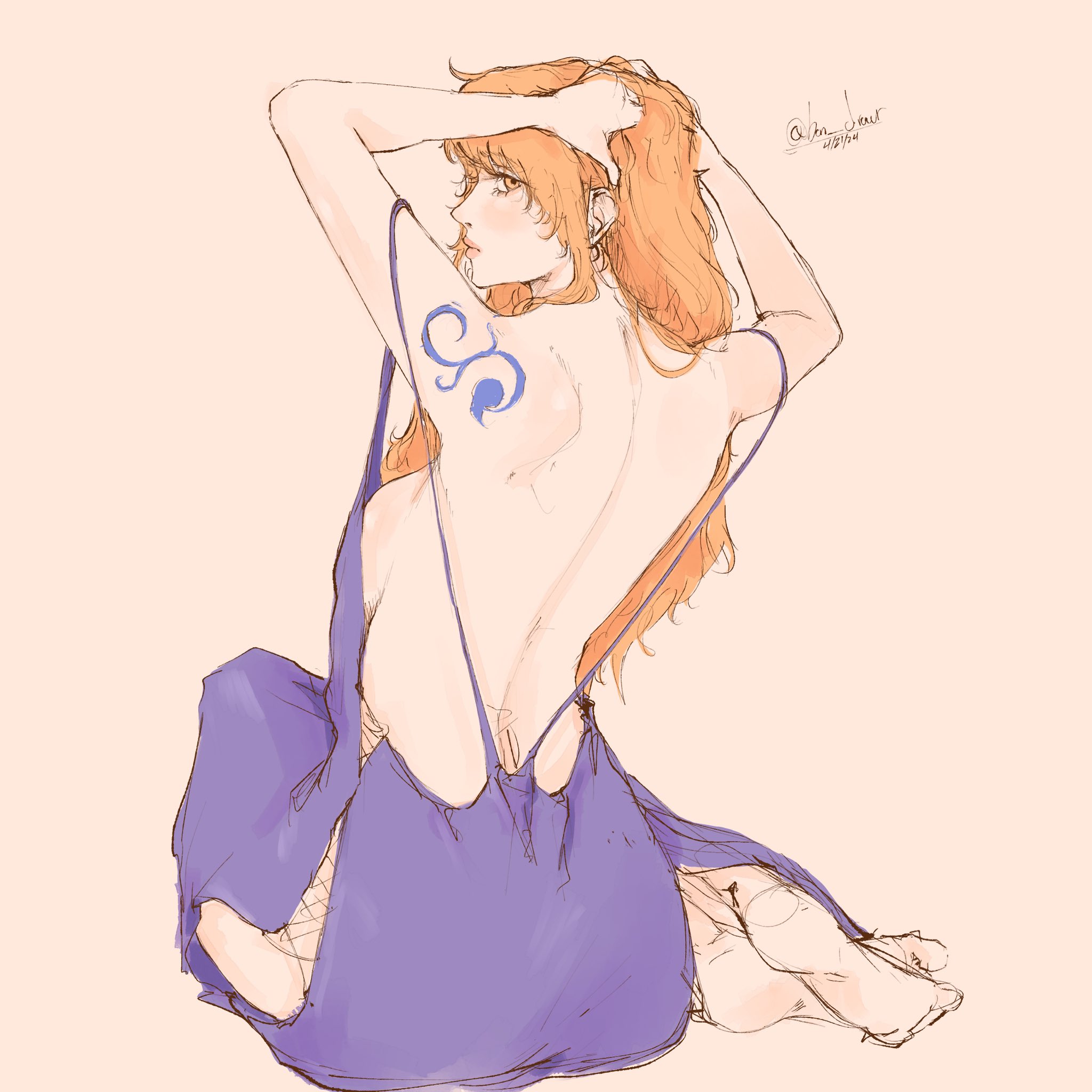 1girls, arm tattoo, arms behind head, backless dress, backless outfit, blue tattoo, bon drawr, breasts, clothing, dress, exposed shoulders, female, female only, looking at viewer, looking back, looking back at viewer, looking over shoulder, messy hair, nami (one piece), nami (one piece) (zou), one piece, one piece: zou arc, orange hair, orange-haired female, post-timeskip, purple dress, sideboob, soles, tattoo