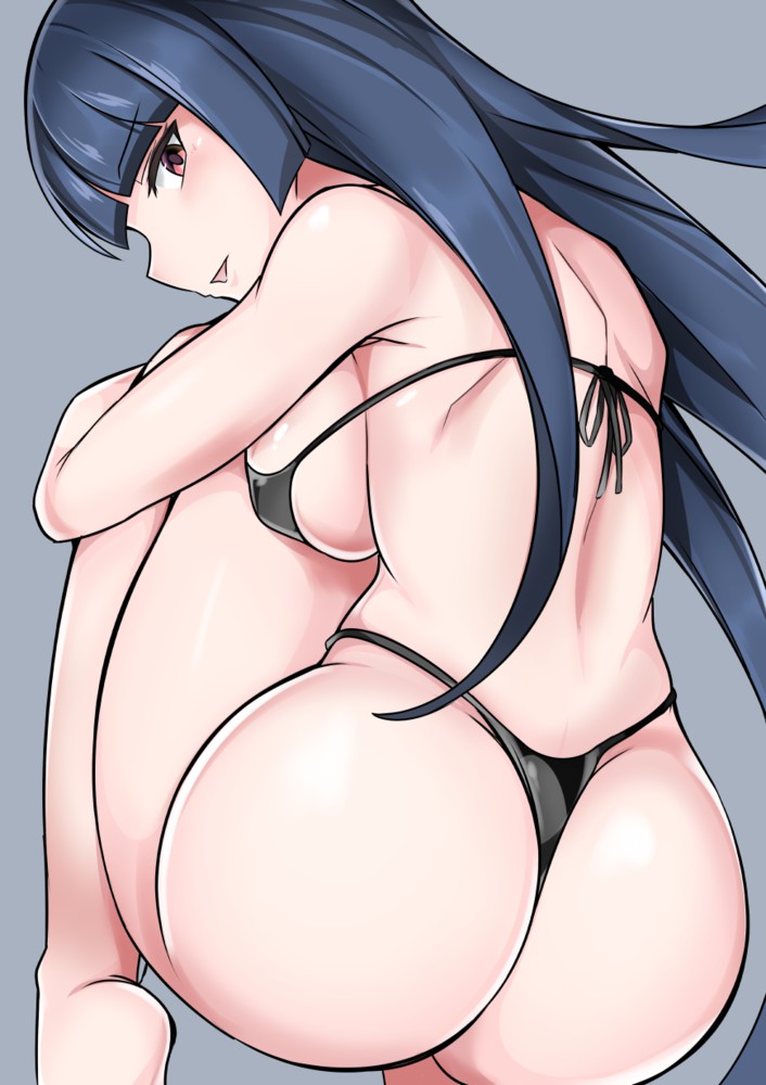 1girls, alternate breast size, alternate outfit, artist request, ass, back, barefoot, big breasts, bikini, black bikini, black hair, blue hair, breasts, eye contact, feet, female, female only, grey background, huge ass, human, large breasts, long hair, looking at viewer, looking back, nintendo, open mouth, pokemon, pokemon rgby, red eyes, sabrina (pokemon), sideboob, sitting, smile, source request, thick thighs, thong, thong bikini, underboob, wide hips