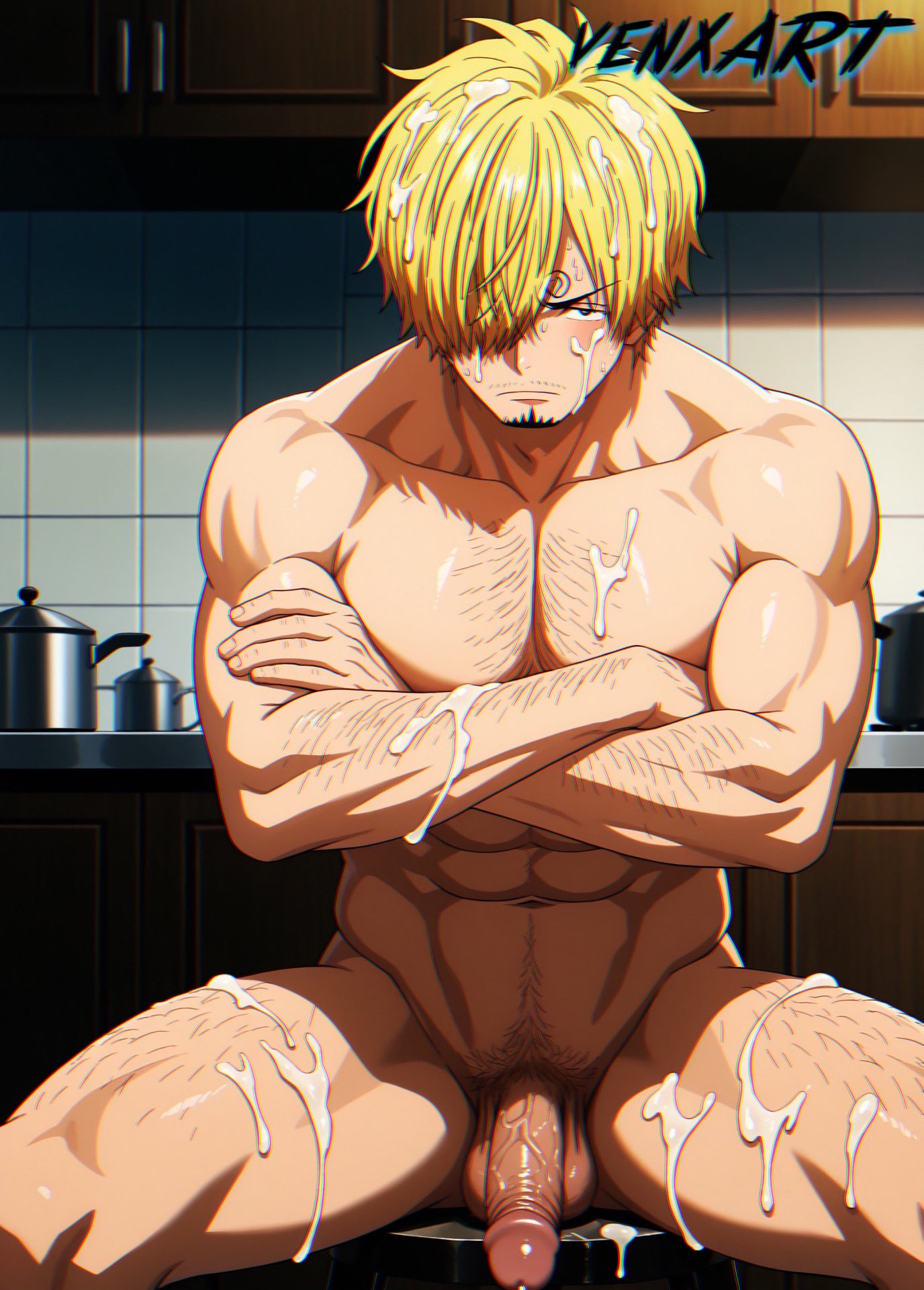 ai_generated balls gay hairy kitchen muscles one_piece penis pubic_hair sanji solo venxart yaoi