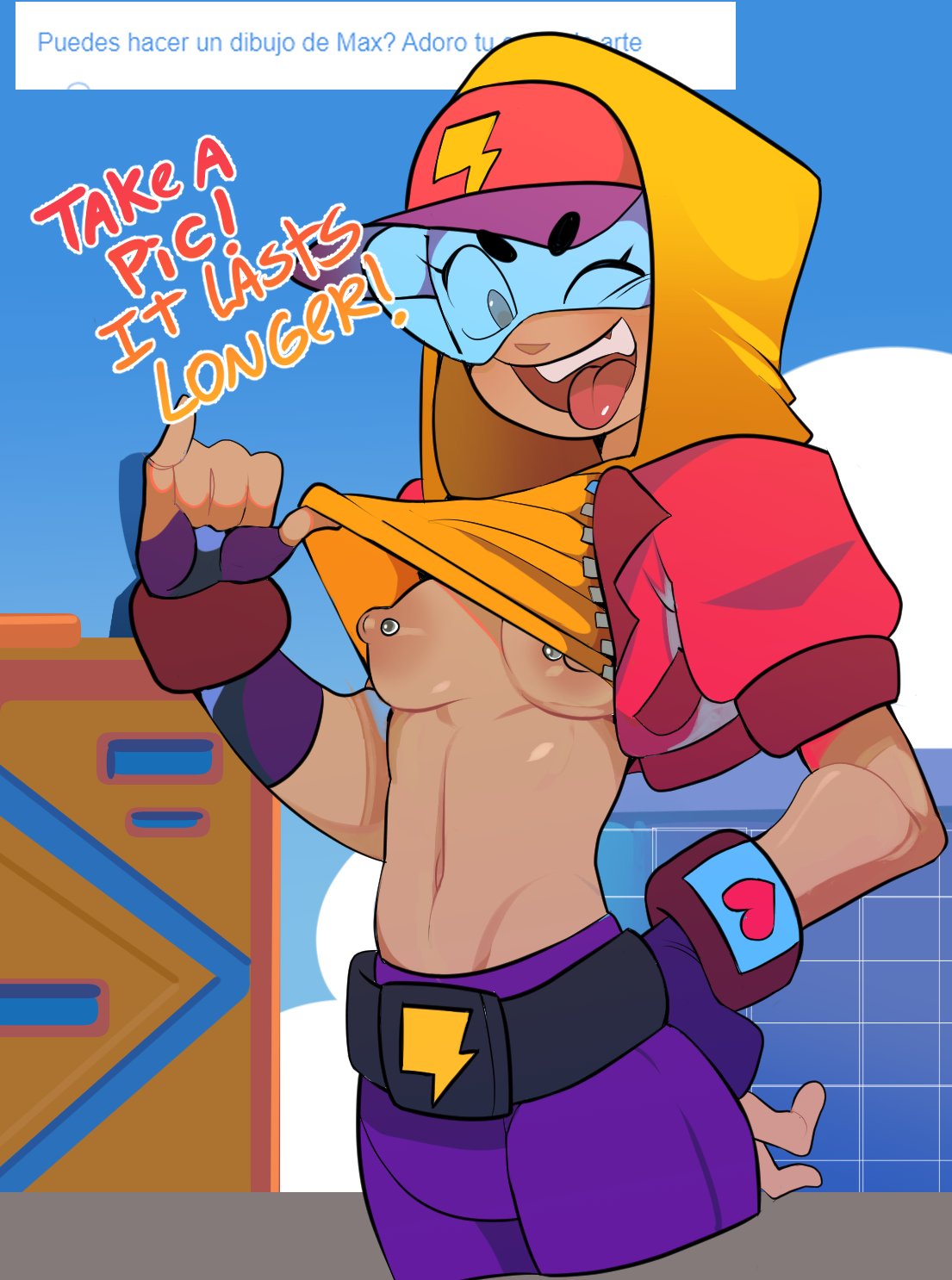 brawl stars, calaziike, glasses, max (brawl stars), nipple piercing, showing tits, smiling, smiling at viewer, streetwear max