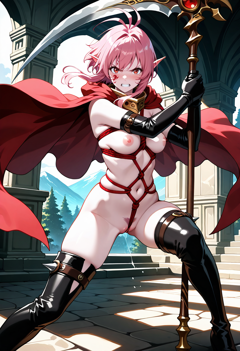 ai_generated bondage boobs breasts cape golden_sun karst_(golden_sun) navel nipples pink_hair pink_pubic_hair pointy_ears pubic_hair scythe self_upload shibari short_hair stable_diffusion thigh_boots vaginal_fluids vaginal_juices