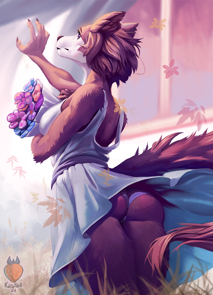 abstract_background anthro ass beastars bottomwear bouquet breasts butt_focus canid canine canis cheeky_panties clothing dress female flower humanoid juno_(beastars) kaislair low-angle_view mammal panties pinup plant pose romantic side_boob skirt solo underskirt underwear wolf