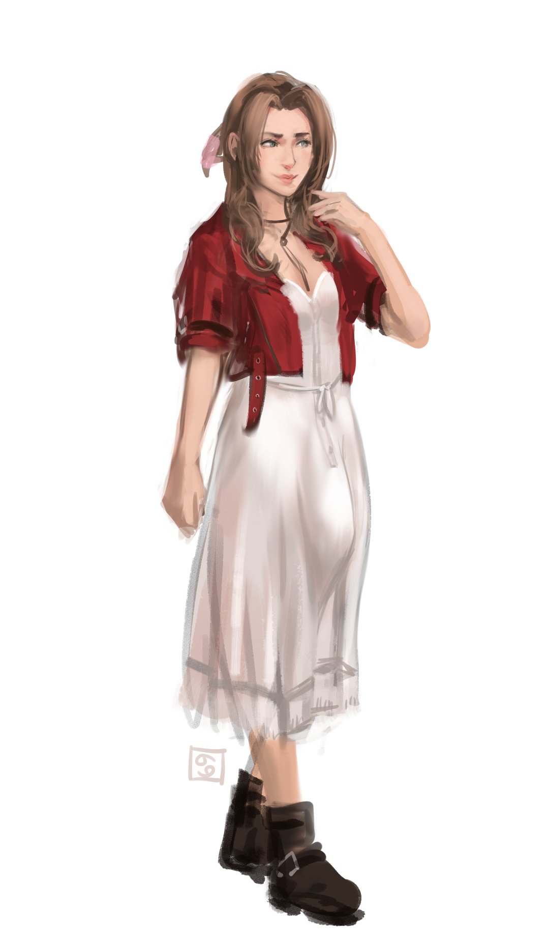 1futa, aerith gainsborough, backstreetcrab, brown hair, bulge, bulge through clothing, clothed, clothing, dress, final fantasy, final fantasy vii, fully clothed, futa only, futanari, intersex, solo, solo futa