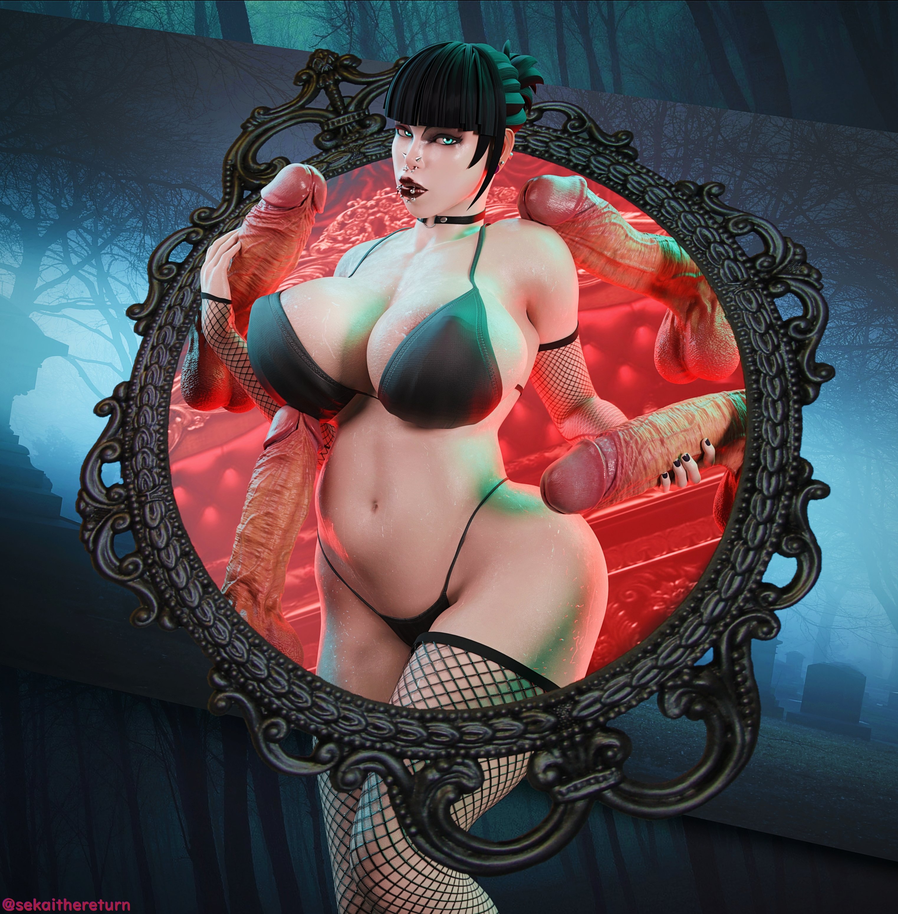 3d, black hair, black lipstick, bra, cocks, fishnet legwear, fishnets, goth, goth girl, light-skinned female, light-skinned penis, madeline zoldak, multiple penises, panties, ponytail, sekaithereturn, short hair