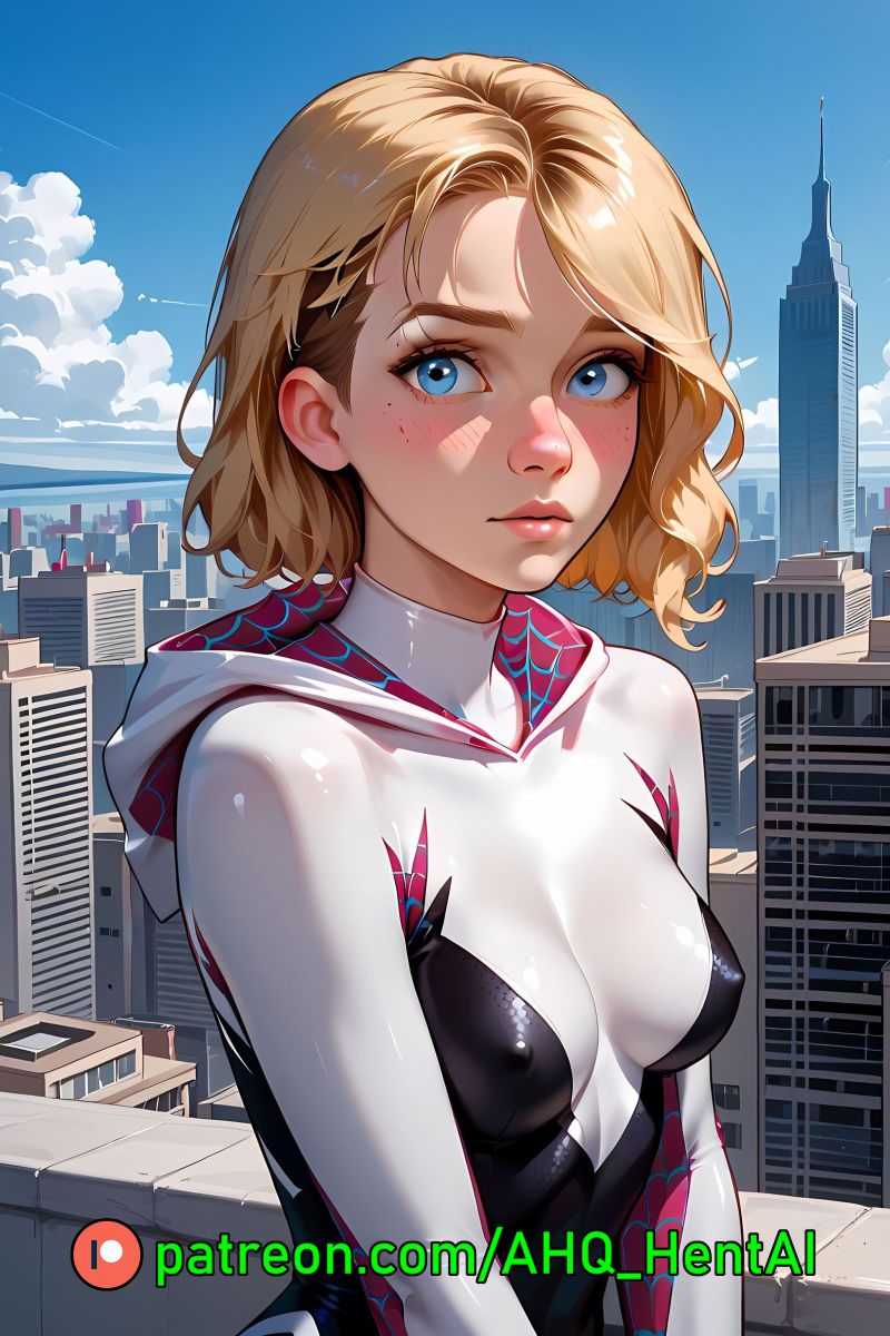 1girls ahq_hentai ai_generated blonde_hair blush bodysuit breasts gwen_stacy gwen_stacy_(spider-verse) medium_breasts on_roof patreon perfect_body spider-man_(series) spider-verse stable_diffusion