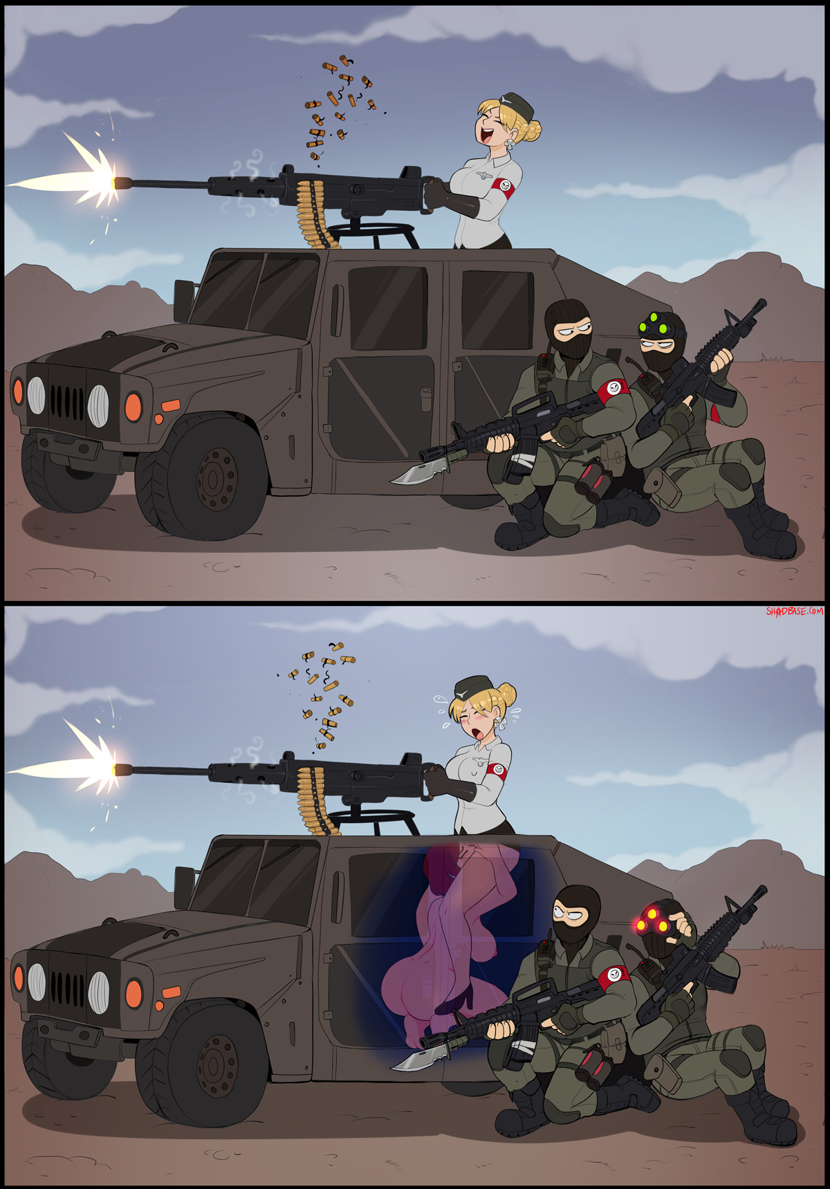 2019, 2boys, 2girls, areolae, ass, big breasts, blush, bottomless, breasts, car, color, comic, cunnilingus, digital media (artwork), female, female focus, gun, large breasts, lesbian, looking pleasured, male, military, military uniform, multiple females, multiple girls, nipples, no panties, nude, nude female, open mouth, oral, oral sex, original, original character, see-through, shadman, sneaky, sneaky sex, soldier, stealth sex, uncensored, war, weapon, x-ray, yuri