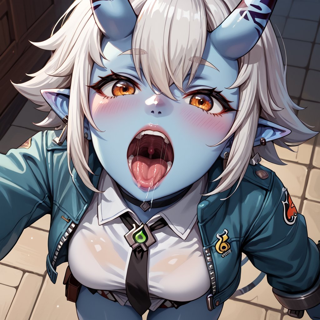 ai_generated big_breasts blue_skin horns mouth oni oni_female oni_horns open_mouth pov short_hair soukaku soukaku_(zenless_zone_zero) tongue uvula vore white_hair zenless_zone_zero