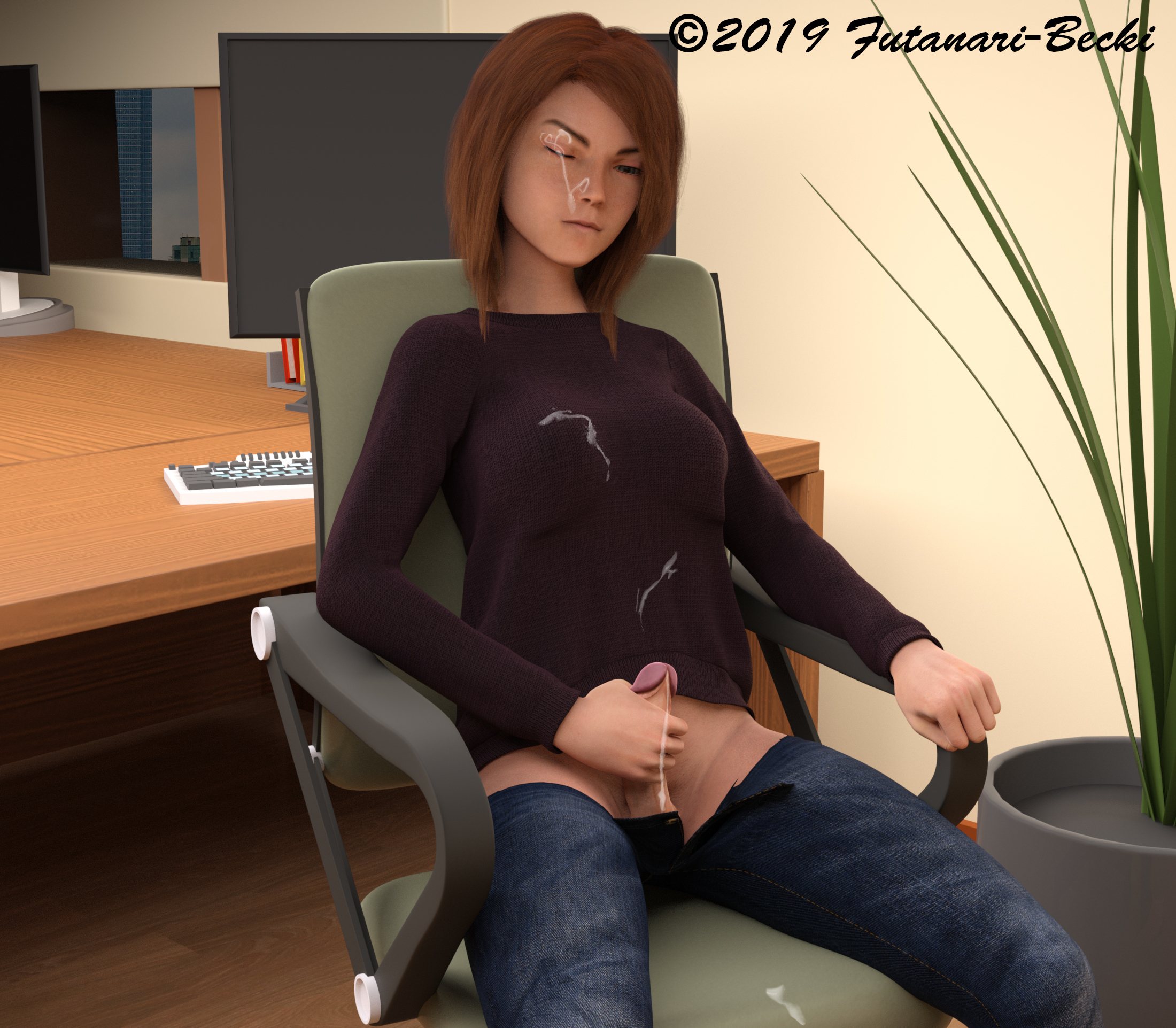 1futa, 2019, 3d, after masturbation, balls, blue eyes, breasts, brown hair, clothed, cum, cum on clothes, cum on face, cum string, dickgirl, erection, futa only, futanari, futanari becki, hand on penis, highres, intersex, masturbation, office, one eye closed, penis, penis out, petite, sitting, slim, solo, teenager, watermark