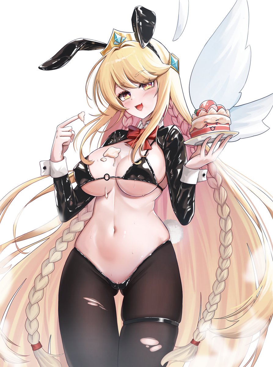 big_breasts bright_pupils bunnysuit cake cheek_bulge crown eating erpin fairy fairy_wings holding_object jewelry medium_breasts reverse_bunnysuit ribbon star strawberry taiji trickcal_re:vive very_long_hair yellow_hair