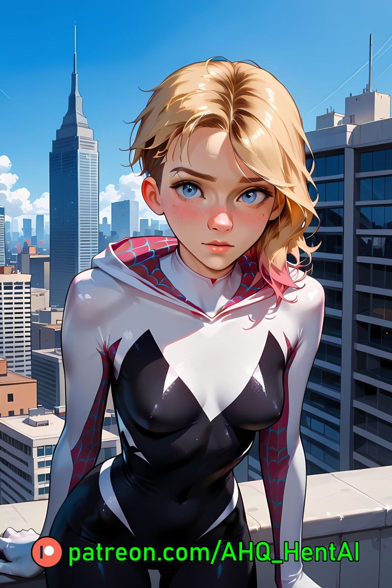 1girls ahq_hentai ai_generated blonde_hair blush bodysuit breasts gwen_stacy gwen_stacy_(spider-verse) medium_breasts on_roof patreon perfect_body spider-man_(series) spider-verse stable_diffusion