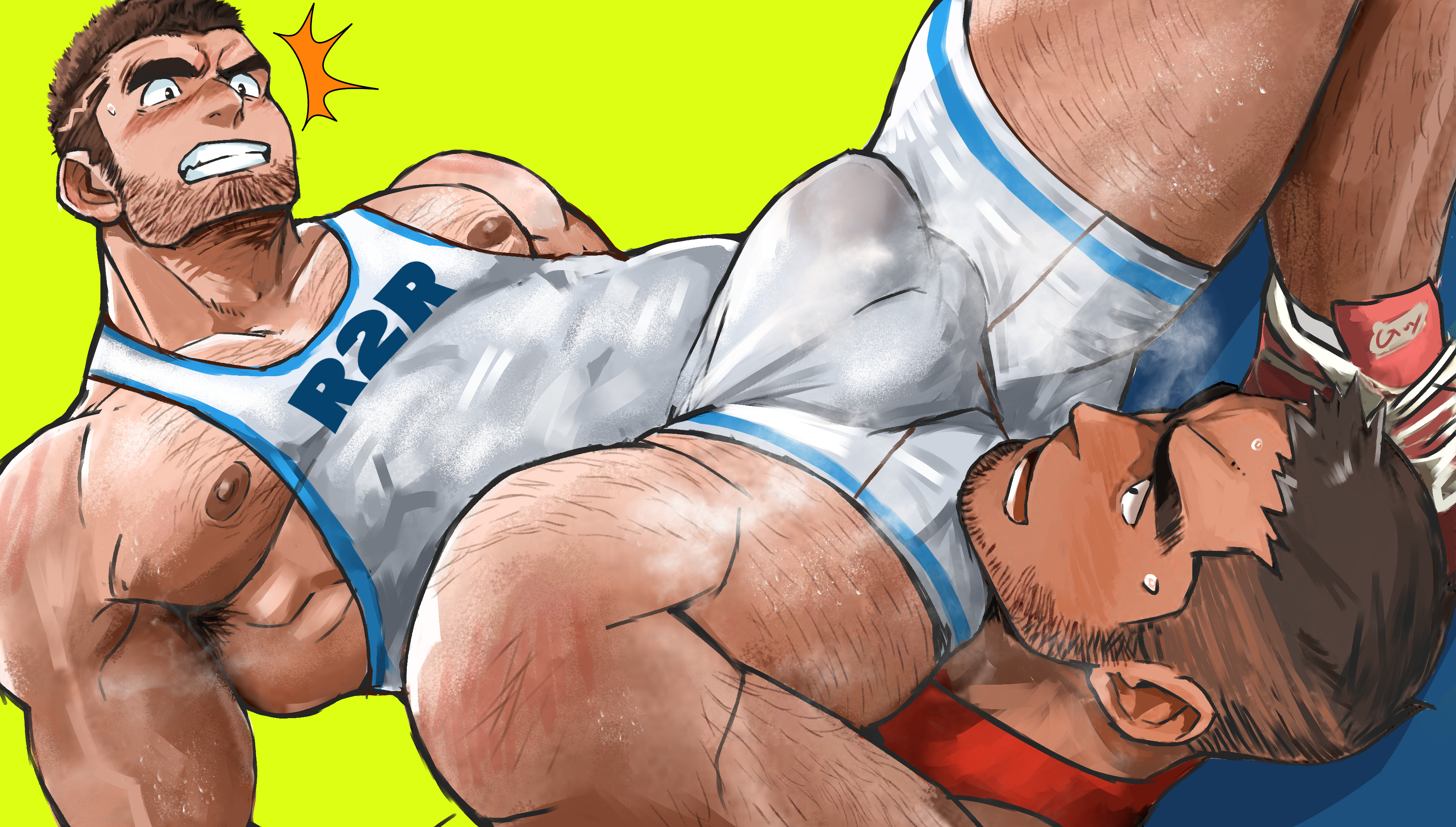 2boys, blush, facesitting, gay, hairy, hairy male, male, male only, muscular, muscular male, musk, musky, musky cock, penis, penis bulge, steam, steaming body, suamaru0808, tight clothing, tight fit, wrestling