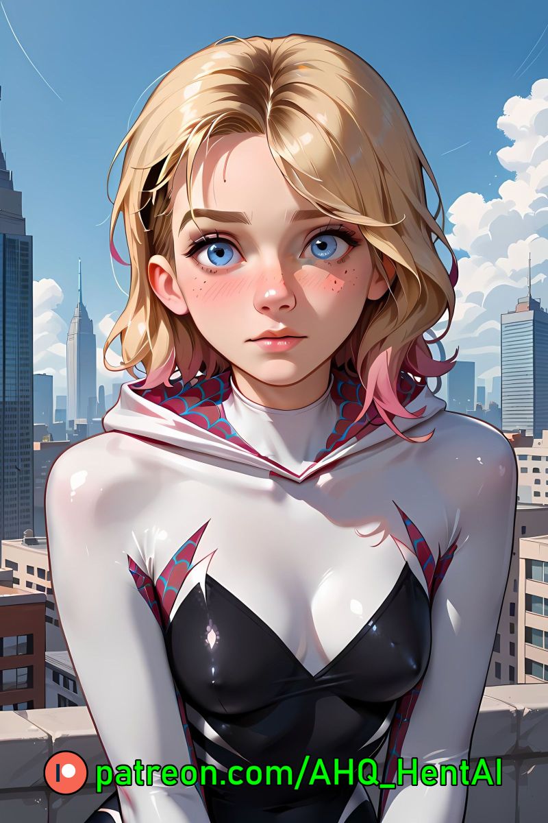 1girls ahq_hentai ai_generated blonde_hair blush bodysuit breasts gwen_stacy gwen_stacy_(spider-verse) medium_breasts on_roof patreon perfect_body spider-man_(series) spider-verse stable_diffusion