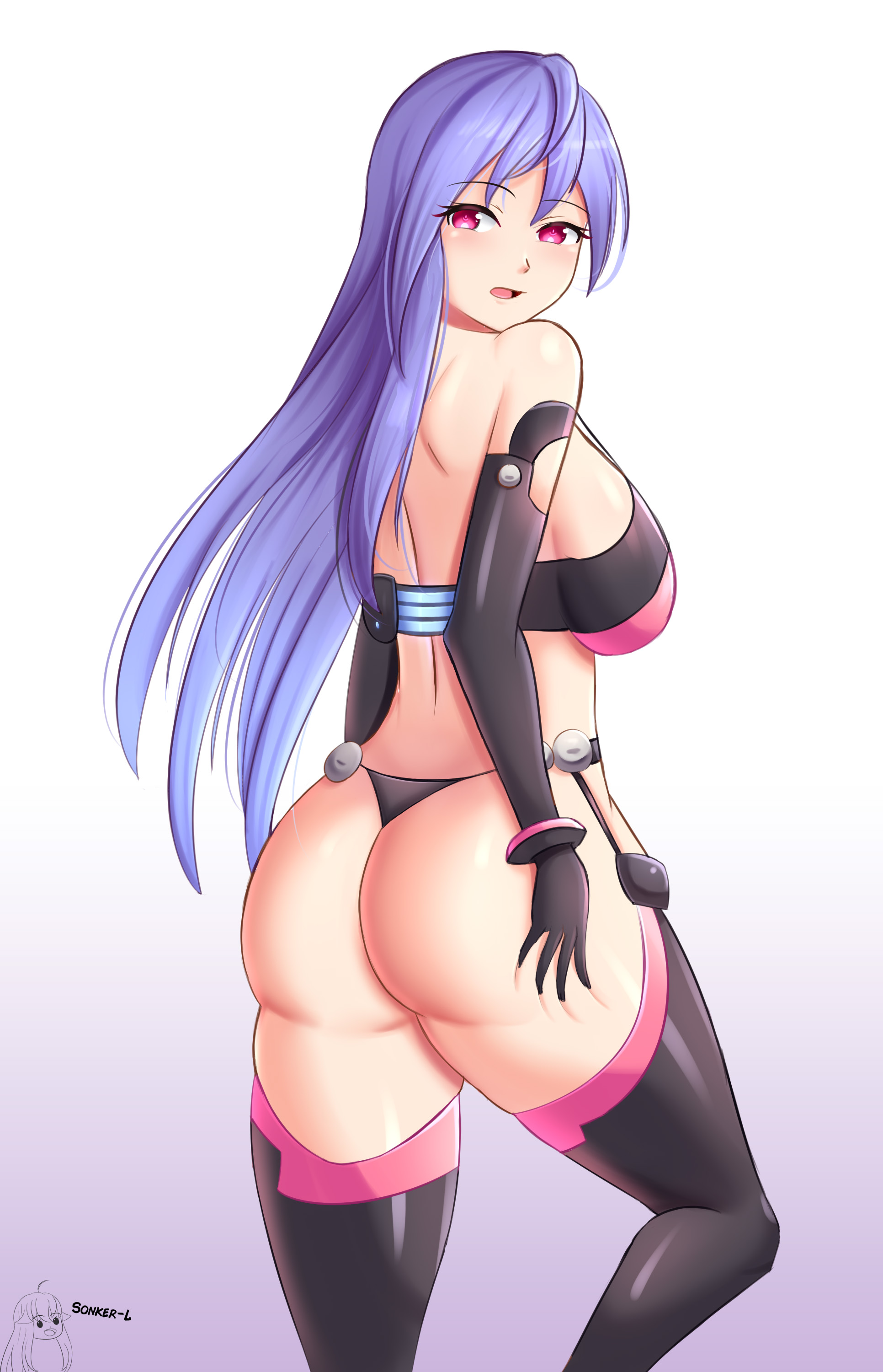 1girls, ass, ass grab, blush, breasts, female, female only, huge ass, iris heart, large breasts, long hair, neptunia (series), plutia, purple hair, red eyes, sonker-lewds, very long hair, wide hips