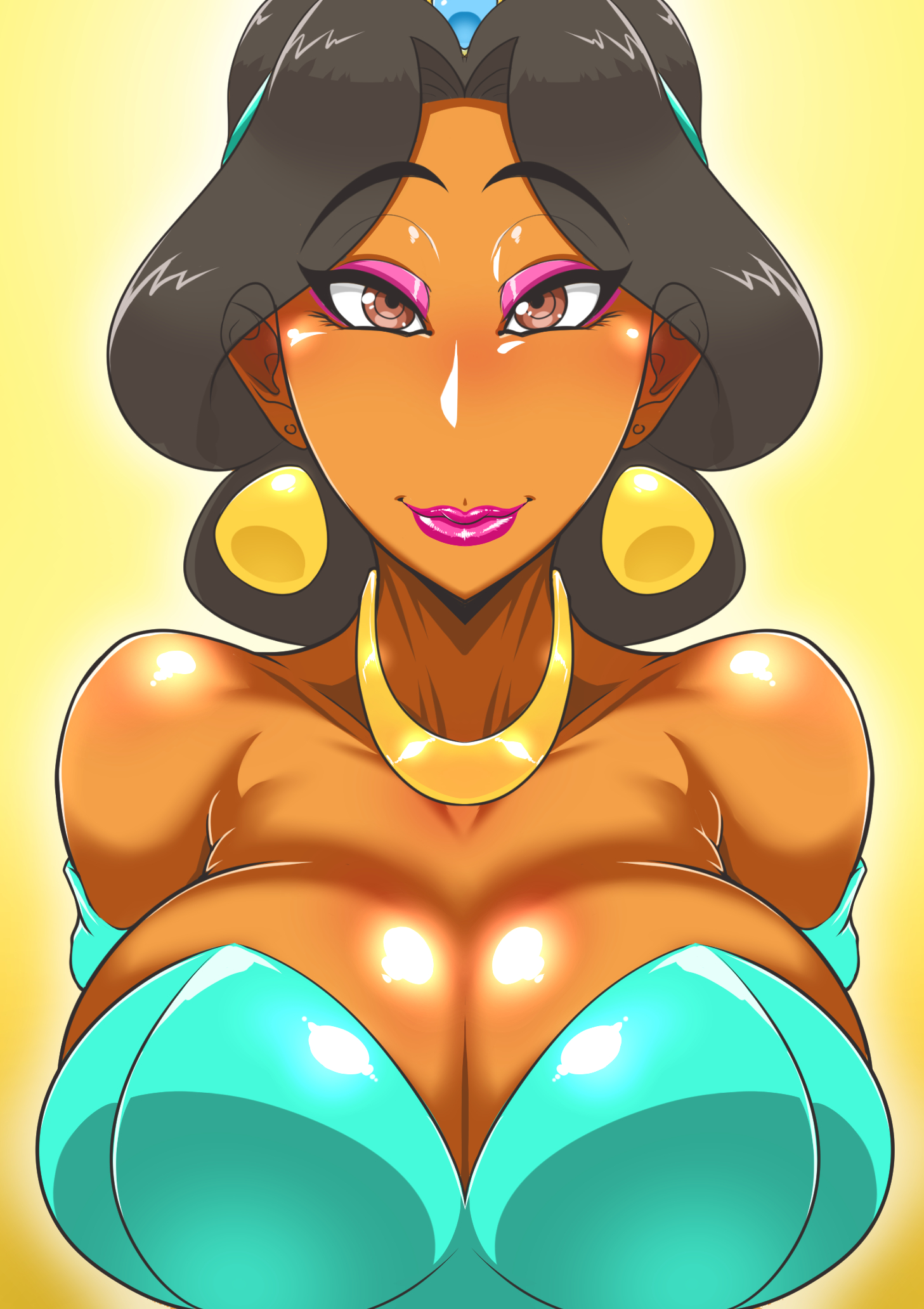 1girls, aladdin, alternate version available, arabian, bare shoulders, big breasts, bimbo, black hair, breasts, brown eyes, busty, cleavage, clothing, curvy, dark skin, dark-skinned female, detailed background, disney, disney princess, ear piercing, earrings, eyelashes, eyeshadow, female, female only, front view, human, lipstick, looking at viewer, makeup, piercing, pink lipstick, princess jasmine, shiny, shiny skin, short hair, solo, voluptuous, wet, zxcv