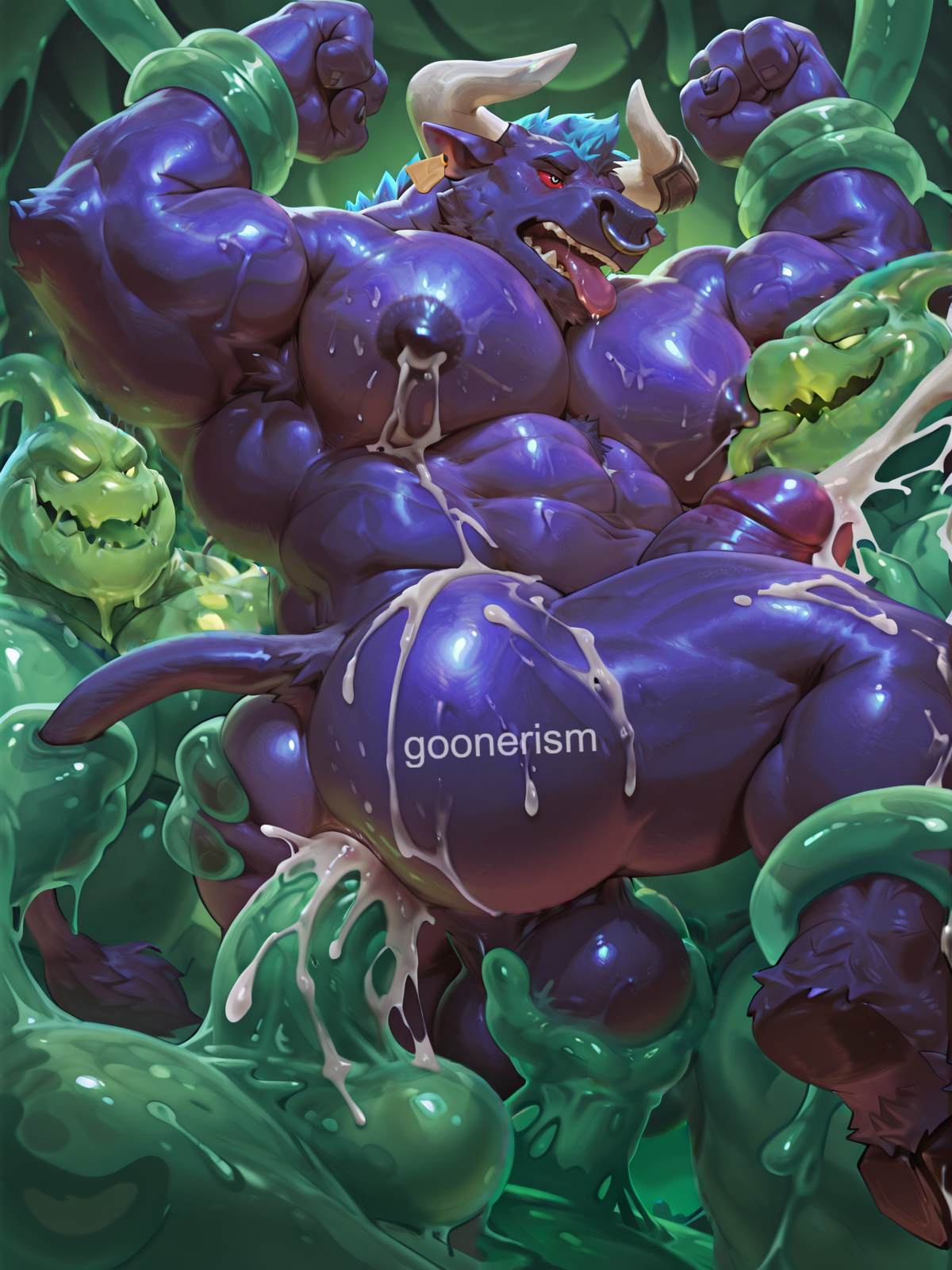 abs, ai art, ai generated, alistar, anal, anal sex, anthro, armpit hair, armpits, arms up, ass grab, balls, balls fondling, balls grab, bara, bara tiddies, bara tits, big ass, big balls, big penis, bound, bovid, bovine, breasts, bubble butt, bull, cattle, chest tuft, cum, cum everywhere, cumdrip, ear tag, excessive cum, fur, furry, gay, goo, goo creature, goonerism, hooves, horn, horns, huge muscles, lactation, league of legends, male, male lactation, milk, minotaur, muscles, muscular, muscular male, nipple fetish, nipple licking, nipple stimulation, nipple suck, nipples, nose ring, patreon, pecs, penis, purple skin, red sclera, restrained, riot games, saggy balls, self upload, slime, slime (substance), slime monster, tail, tail grab, tentacle, tentacle sex, tongue, tongue out, veiny muscles, watermark, yaoi, zac