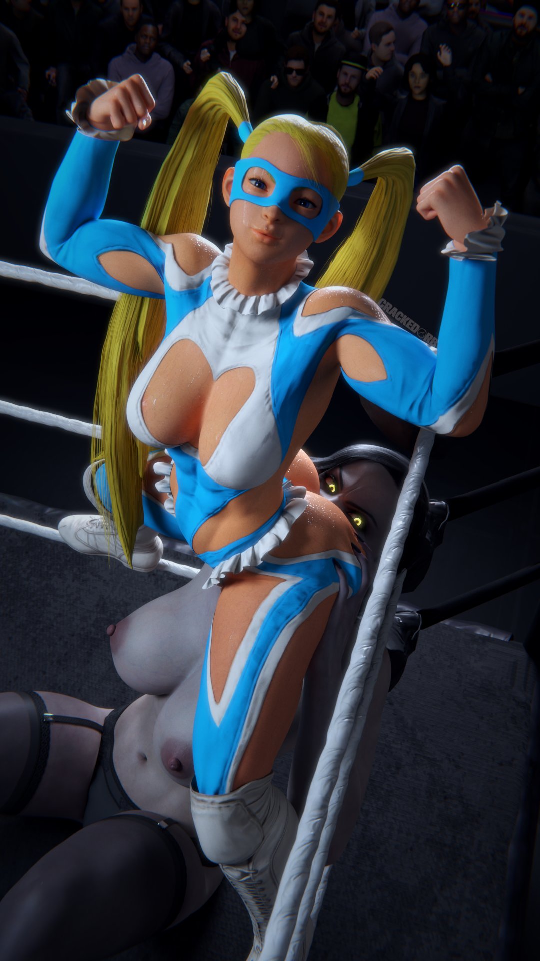 2girls 3d alcina_dimitrescu ass ass_in_face big_ass big_breasts blonde_hair breasts capcom crackedorb crossover duo_focus femdom femsub nipples rainbow_mika resident_evil resident_evil_8:_village stinkface street_fighter twintails wrestling_ring