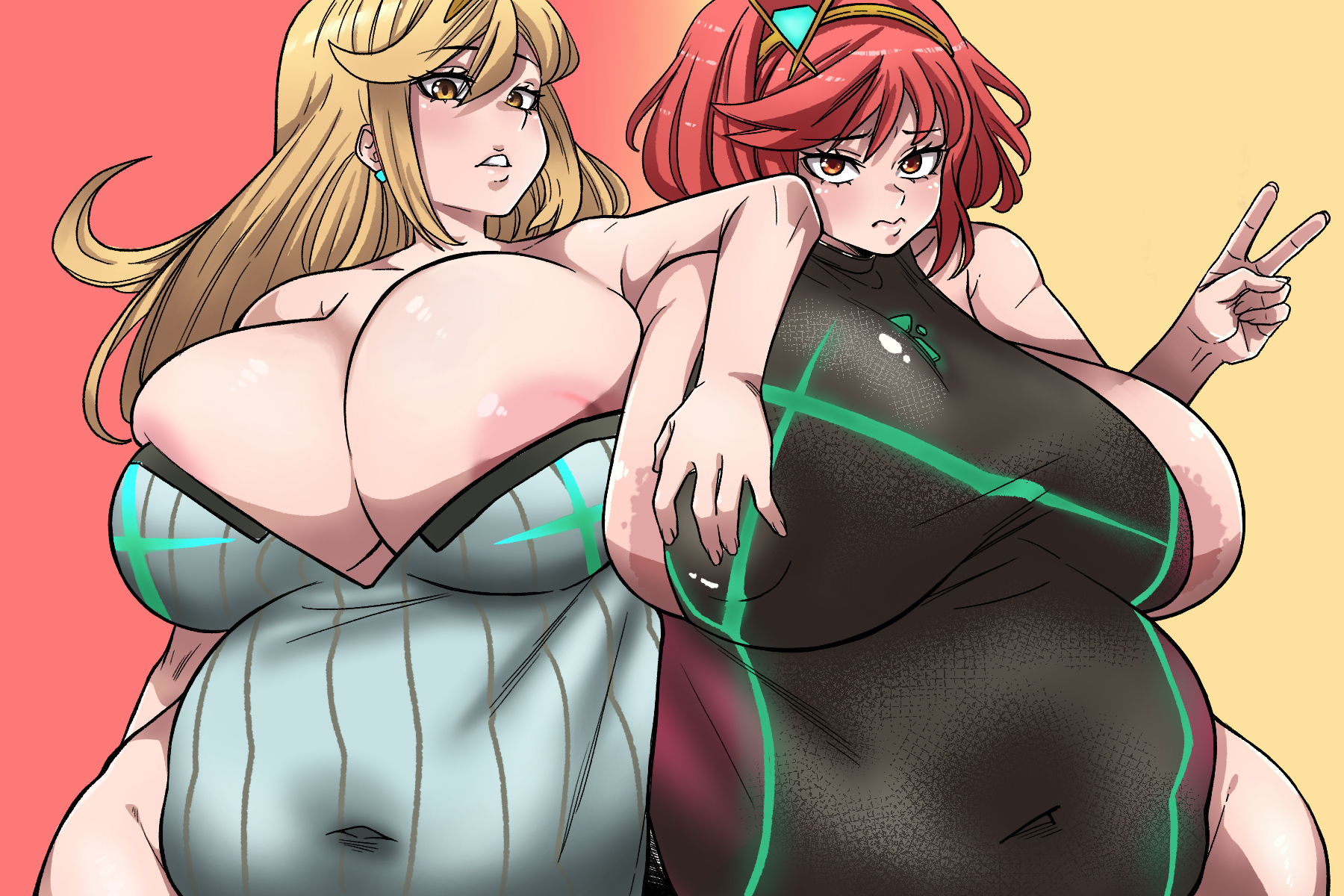 2girls, areola slip, bbw, breasts, chubby, chubby female, cleavage, darksideb, duo, fat, female, female only, gigantic breasts, huge breasts, mythra, overweight, overweight female, pyra, revealing clothes, skindentation, tight clothing, xenoblade (series), xenoblade chronicles 2