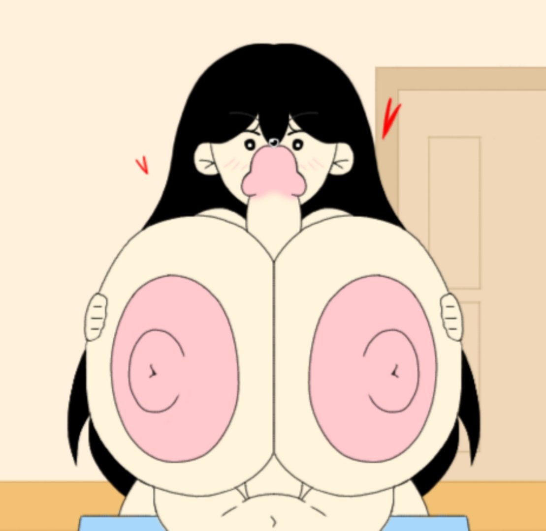 big_breasts black_hair blushing_at_viewer breasts giant_breasts heart huge_cock mari_(omori) omori paizuri penis_in_breasts point_of_view pov