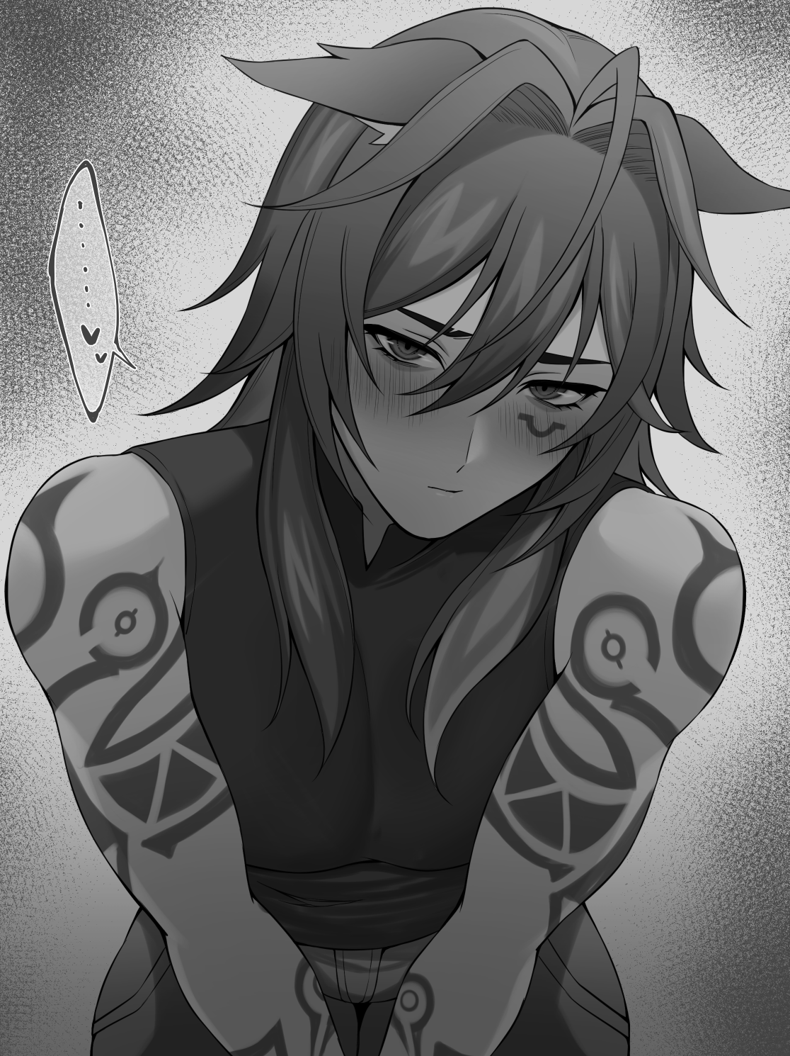 black and white, genshin impact, looking at viewer, magosuki, male, male only, ororon (genshin impact), solo, tattoo, thamsuki