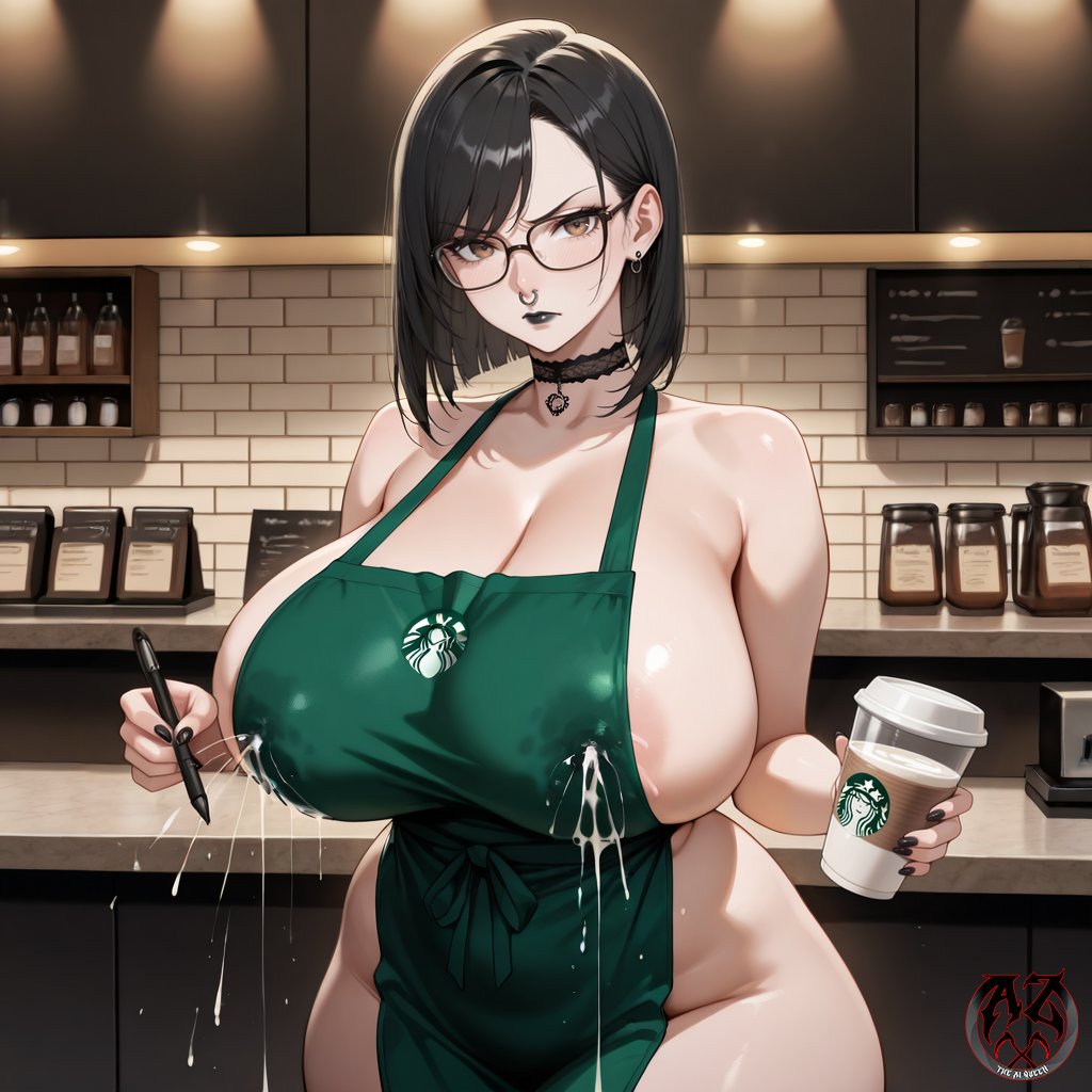 ai_generated black_hair glasses lactating lactation