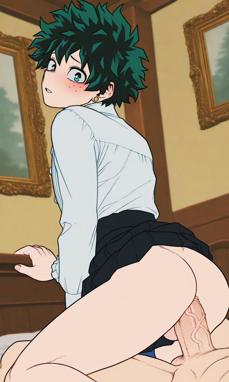 aged up, aged up character, ai generated, ai-created, anal, anal sex, bedroom, blush, boku no hero academia, cute male, femboy, femboy focus, feminization, freckles, from behind, fucking good and hard, gay, gay sex, green eyes, green hair, huge ass, huge balls, huge cock, izuku midoriya, looking back, looking pleasured, midoriya izuku, my hero academia, penis in ass, reverse cowgirl position, roleplay, short hair, thick ass, thick penis, thick thighs, uncensored, veiny penis