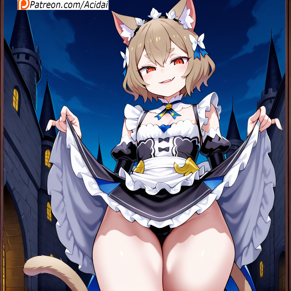 acidai, ai generated, annoyed, ass, cat ears, cat tail, cute, evil grin, felix argyle, femboy, leaning, lifting skirt, male, re:zero kara hajimeru isekai seikatsu, smirk, tail