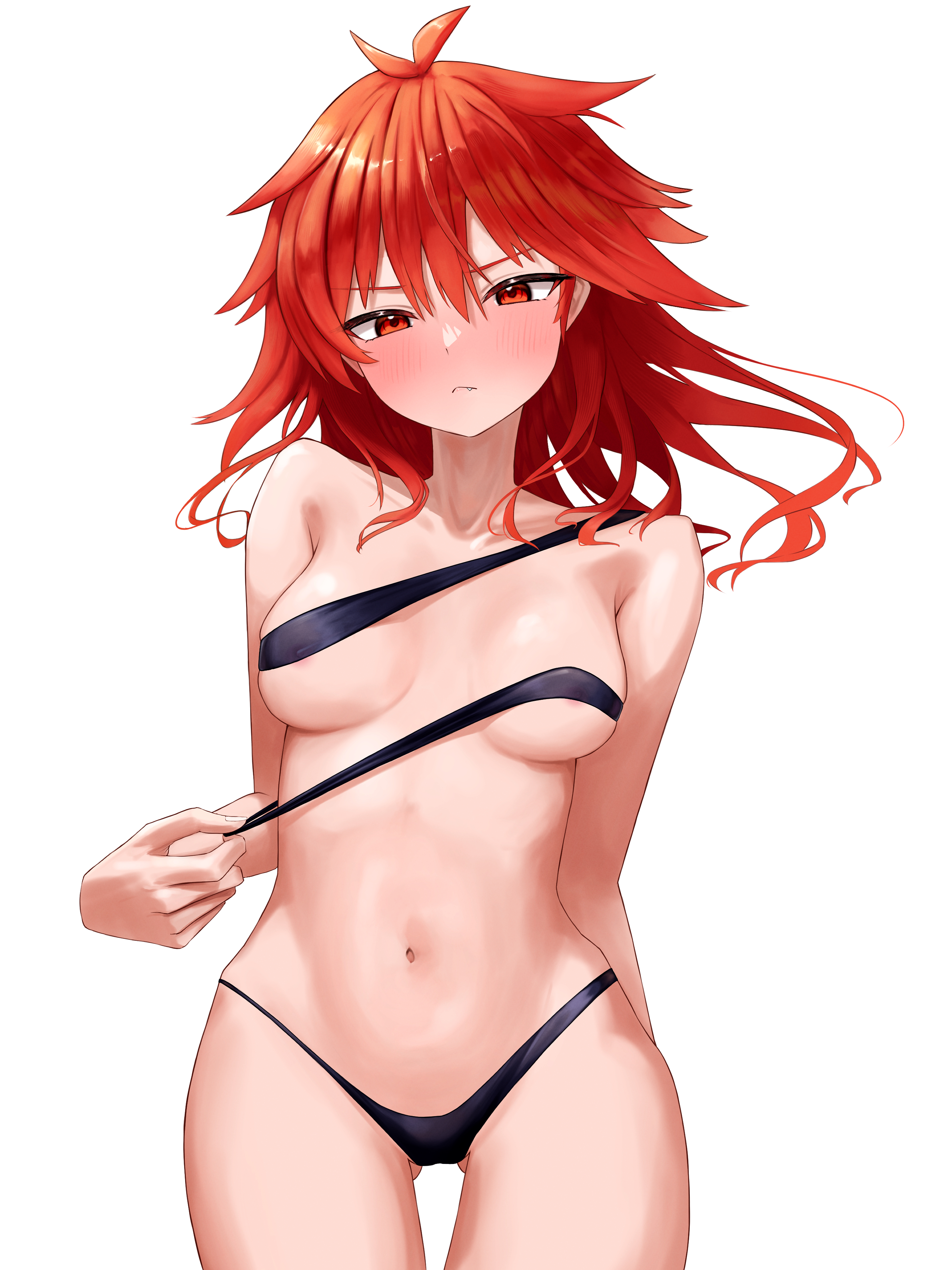 barely clothed, bikini, blush, duel monster, embarrassed, female, higasarun, hiita the fire charmer, micro bikini, pulling clothing, red eyes, red hair, yu-gi-oh!