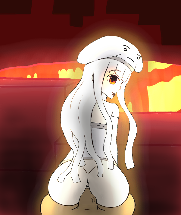 1boy 1girls aenmz anal ass back_view clothing edit ghast ghast_(at2.) glowing_eyes lava looking_at_viewer looking_back male_pov minecraft mob_talker nether orange_eyes pov pov_eye_contact shadow smile white_hair