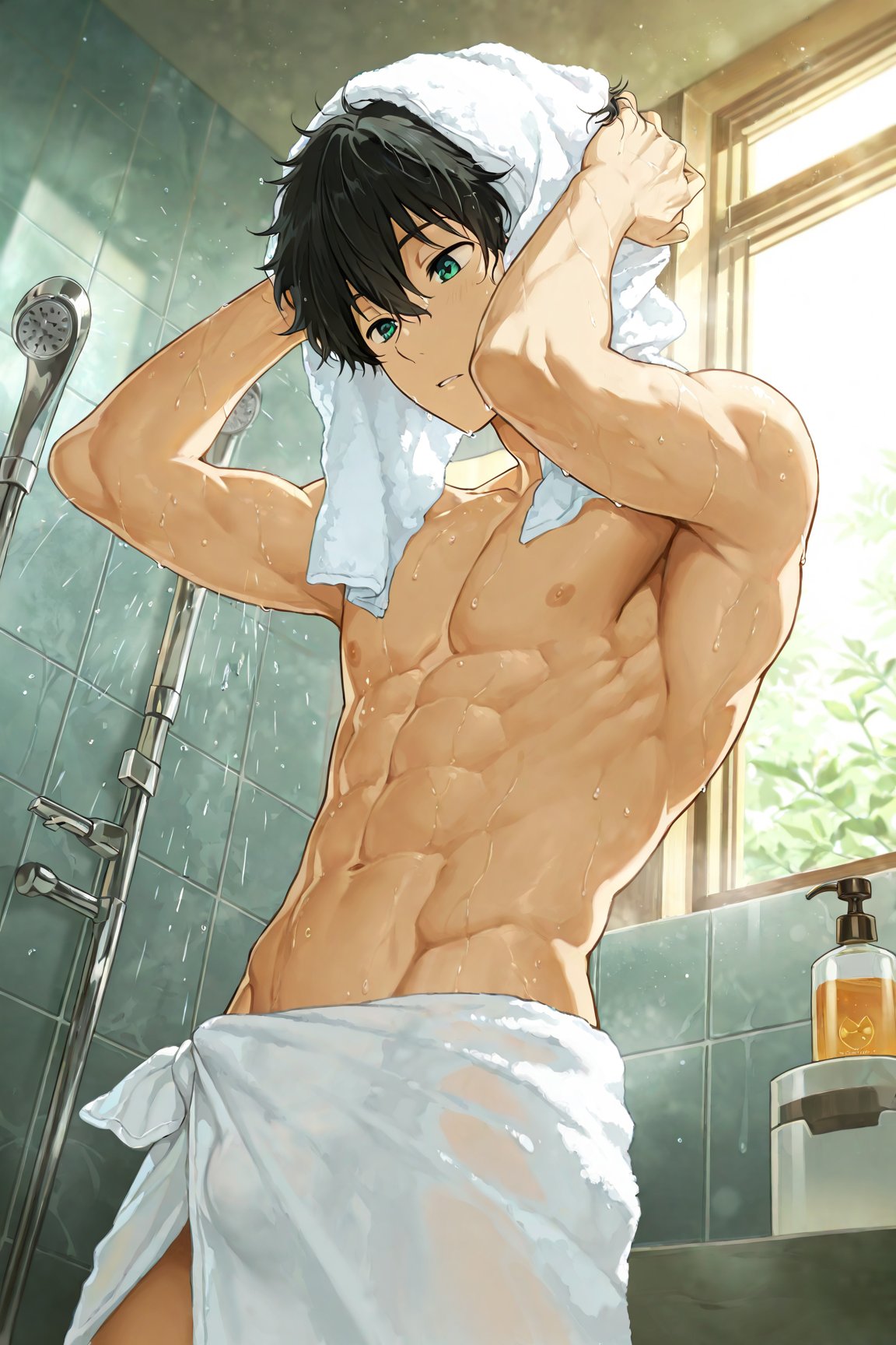 abs ai_generated ai_kira1_1 bathroom muscles oreki_houtarou solo towel_around_waist