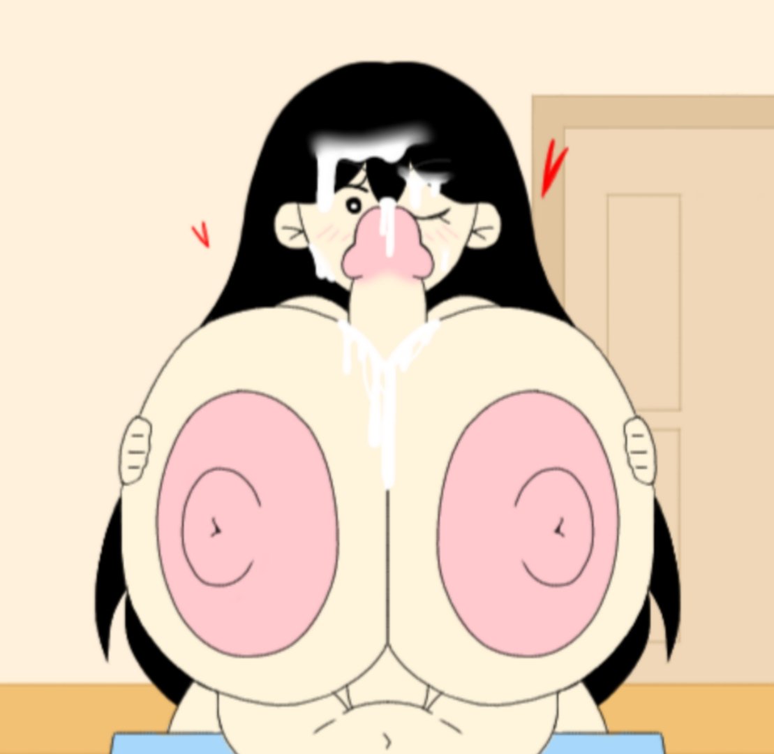 alternate_version big_breasts black_hair blushing_at_viewer breasts cum cum_alt cum_on_breasts cum_on_face cum_on_hair cum_on_penis giant_breasts heart mari_(omori) omori one_eye_closed paizuri penis_in_breasts point_of_view pov