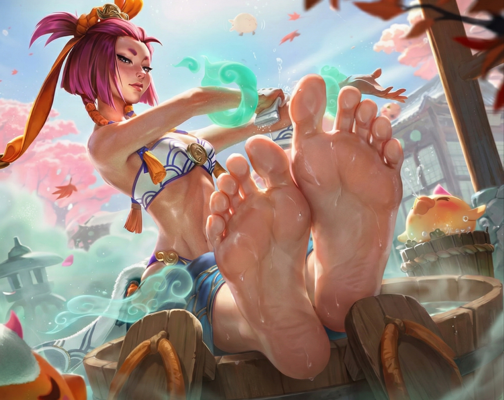ai generated, feet, female, league of legends, looking at viewer, pink hair, pool party series, spirit blossom springs yunara, tagme, yunara (league of legends)