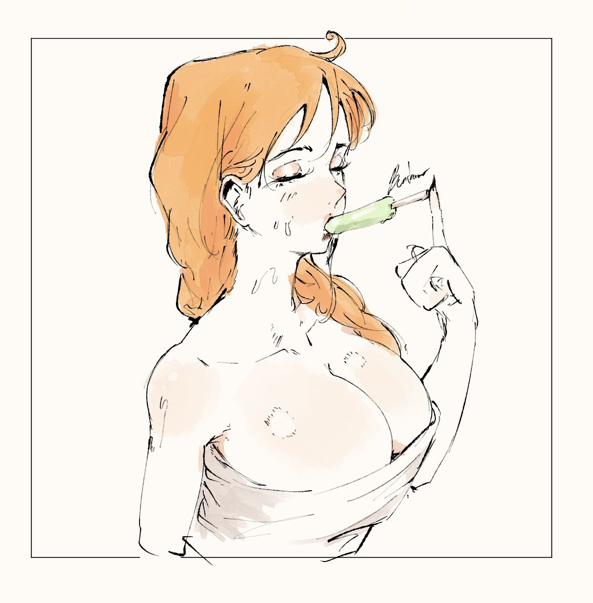 bon_drawr breasts cleavage closed_eyes clothing collarbone female female_only large_breasts nami nami_(one_piece) one_piece orange_hair phallic_popsicle popsicle sketch sucking sucking_popsicle