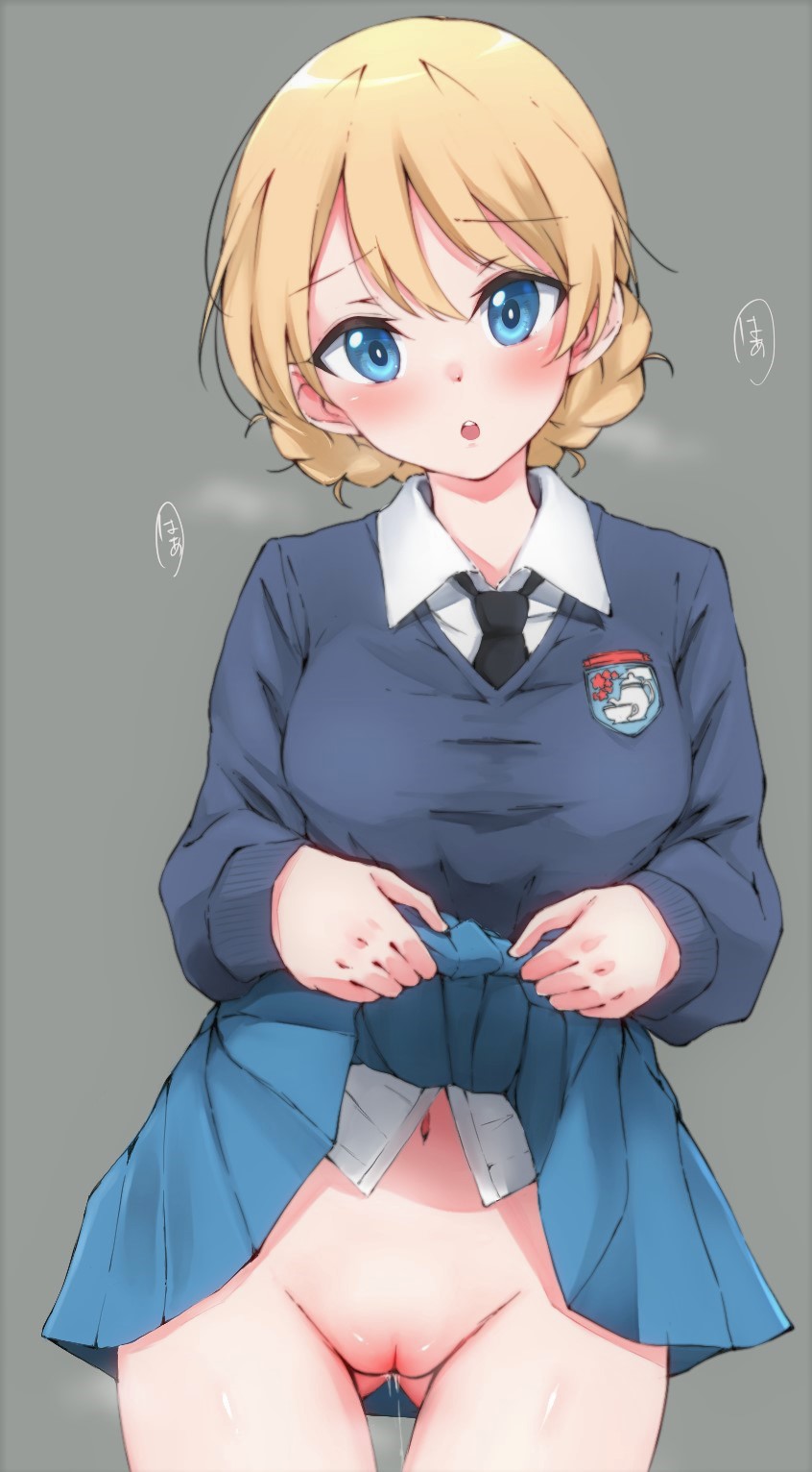 amego ass_visible_through_thighs bangs black_neckwear blonde_hair blue_eyes blue_skirt blue_sweater blush braid breasts collared_shirt darjeeling emblem female girls_und_panzer grey_background groin highres lifted_by_self long_sleeves looking_at_viewer navel necktie no_panties open_mouth pleated_skirt pussy pussy_juice school_uniform shiny shiny_skin shirt short_hair simple_background skirt skirt_lift solo st._gloriana's_(emblem) st._gloriana's_school_uniform standing sweater swept_bangs tareme thighs uniform white_shirt wide_hips