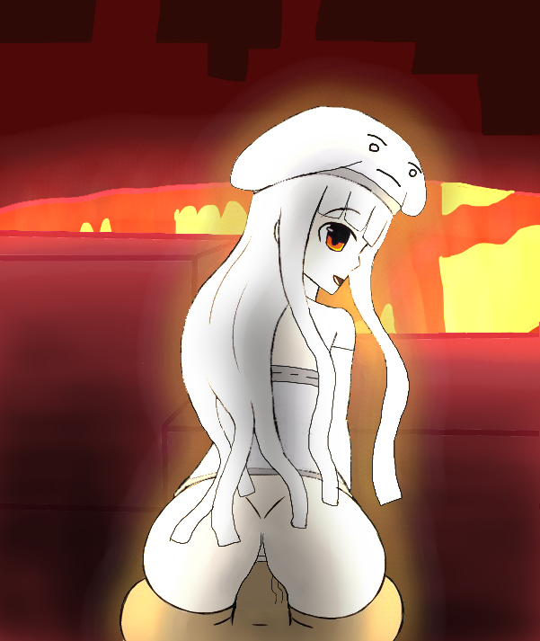 1boy 1girls aenmz anal ass back_view clothing edit ghast ghast_(at2.) lava looking_at_viewer looking_back male_pov minecraft mob_talker nether orange_eyes pov pov_eye_contact shadow smile white_hair