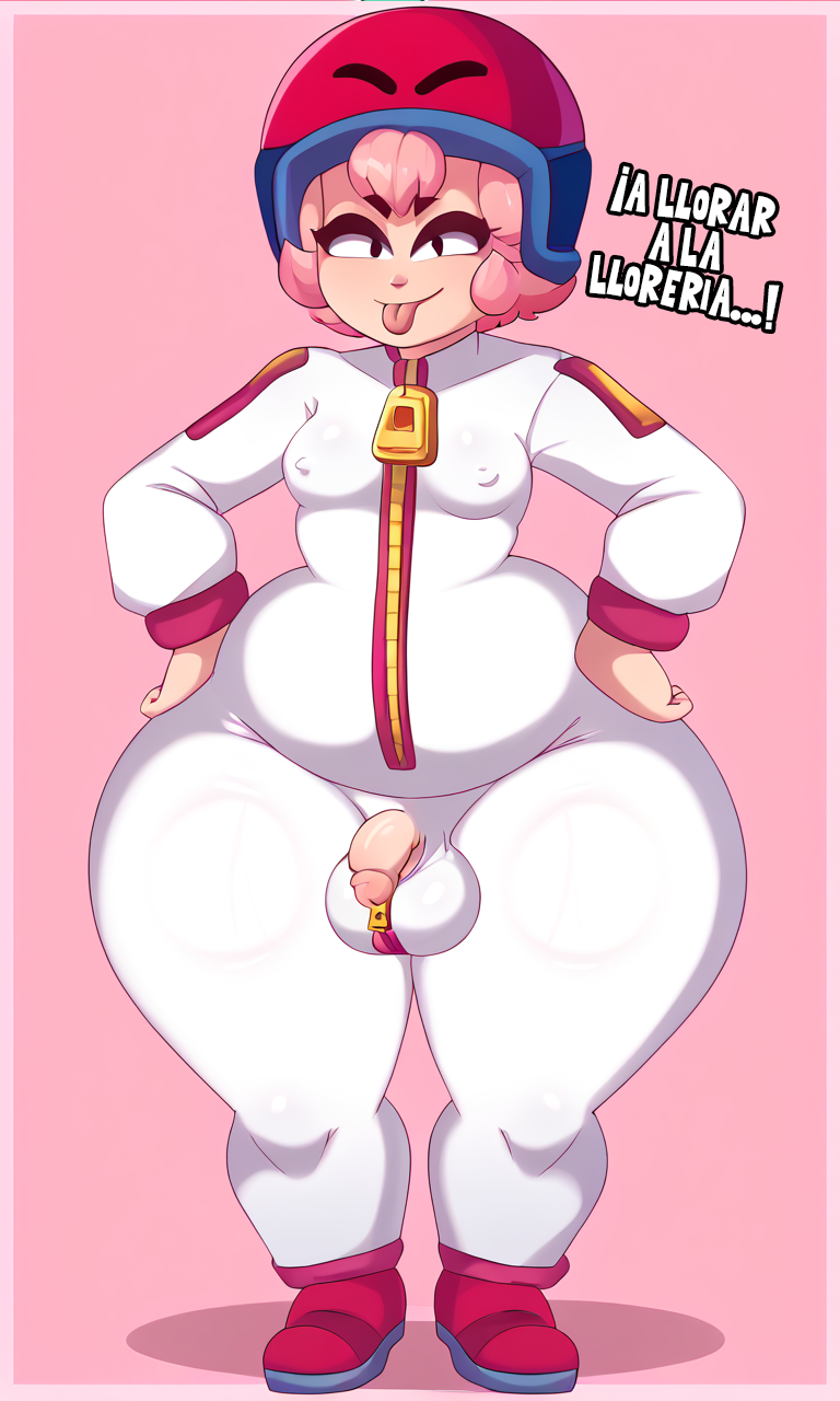 1futa 1girls ai_generated ame_momos black_eyes bonnie_(brawl_stars) brawl_stars bulge bulge_through_clothing chubby chubby_female curvy_figure fat_ass female front_view full_body futanari gigantic_ass gigantic_hips helmet mature_female nipple_bulge pink_background pink_hair red_helmet short_hair shortstack small_breasts small_penis solo spanish_dialogue spanish_text supercell tagme testicle_bulge testicles thick_thighs white_bodysuit wide_hips