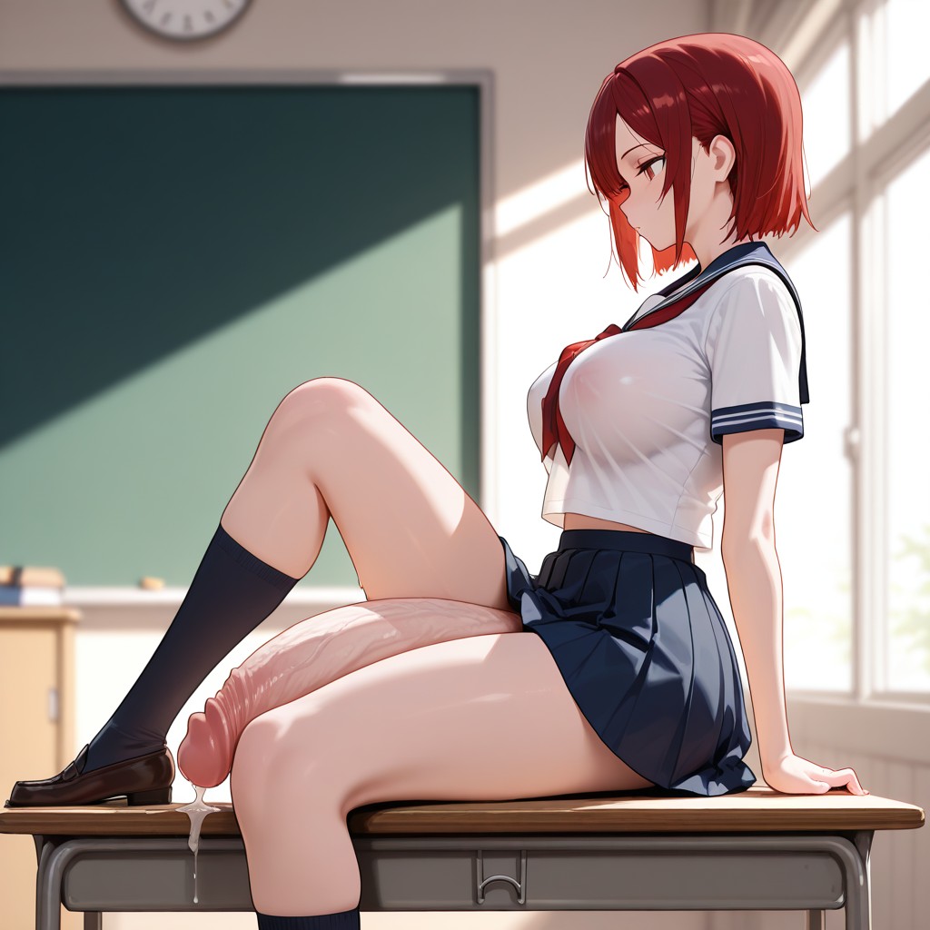 1girls ai_generated big_balls big_breasts casual_nudity classroom dripping_cum flaccid futa_only futanari huge_cock long_penis nipples_visible_through_clothing penis_focus perfect_legs red_hair school_uniform sitting_on_table skirt solo thick_thighs veiny_penis zynai