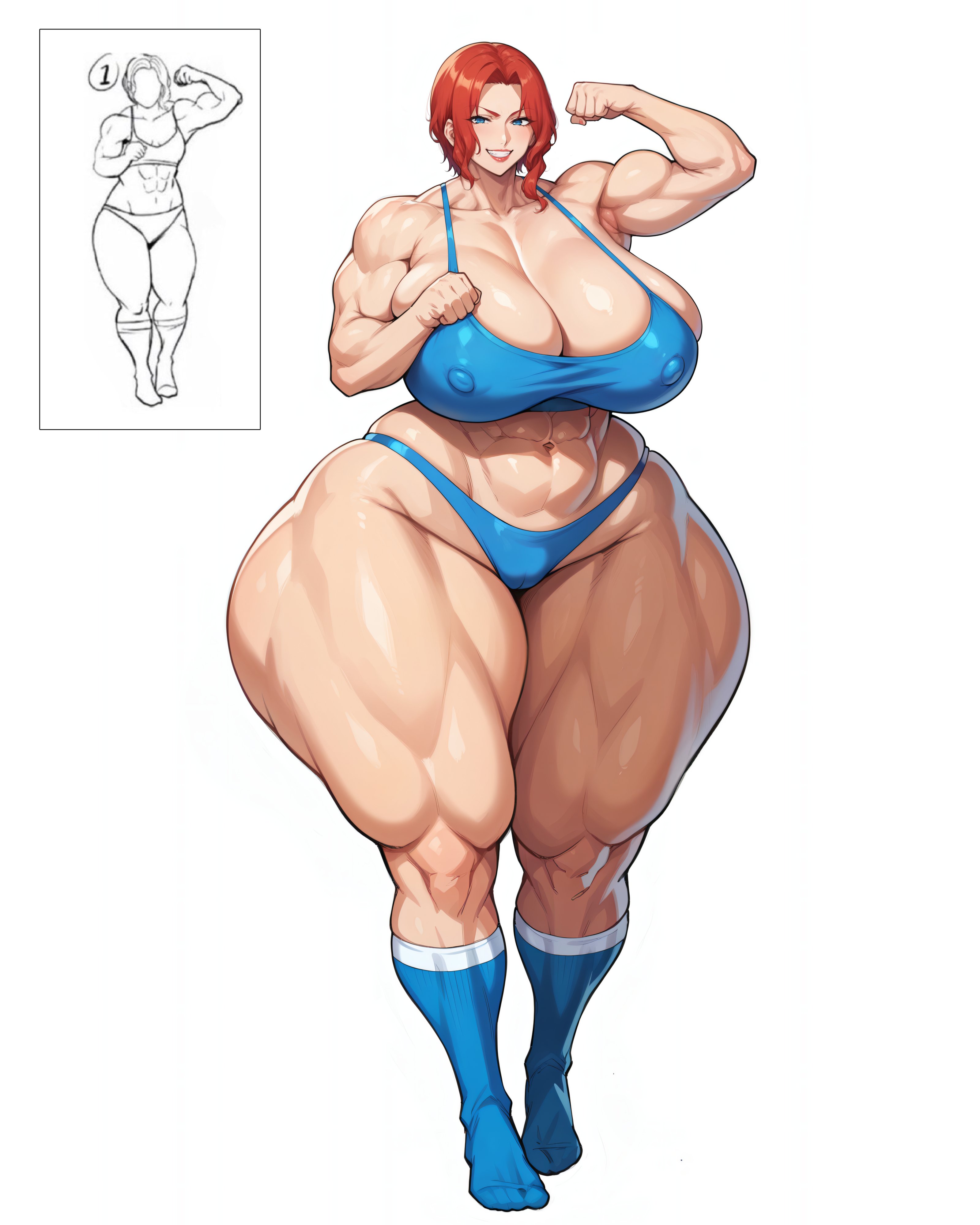 abs, ai generated, ass, blue eyes, breasts, cleavage, female, female only, flexing, huge ass, huge breasts, hyper thighs, muscle mommy, muscles, muscular, muscular female, muscular thighs, nipple bulge, ponderousorbs, red hair, tagme, thick thighs, white background, wide hips