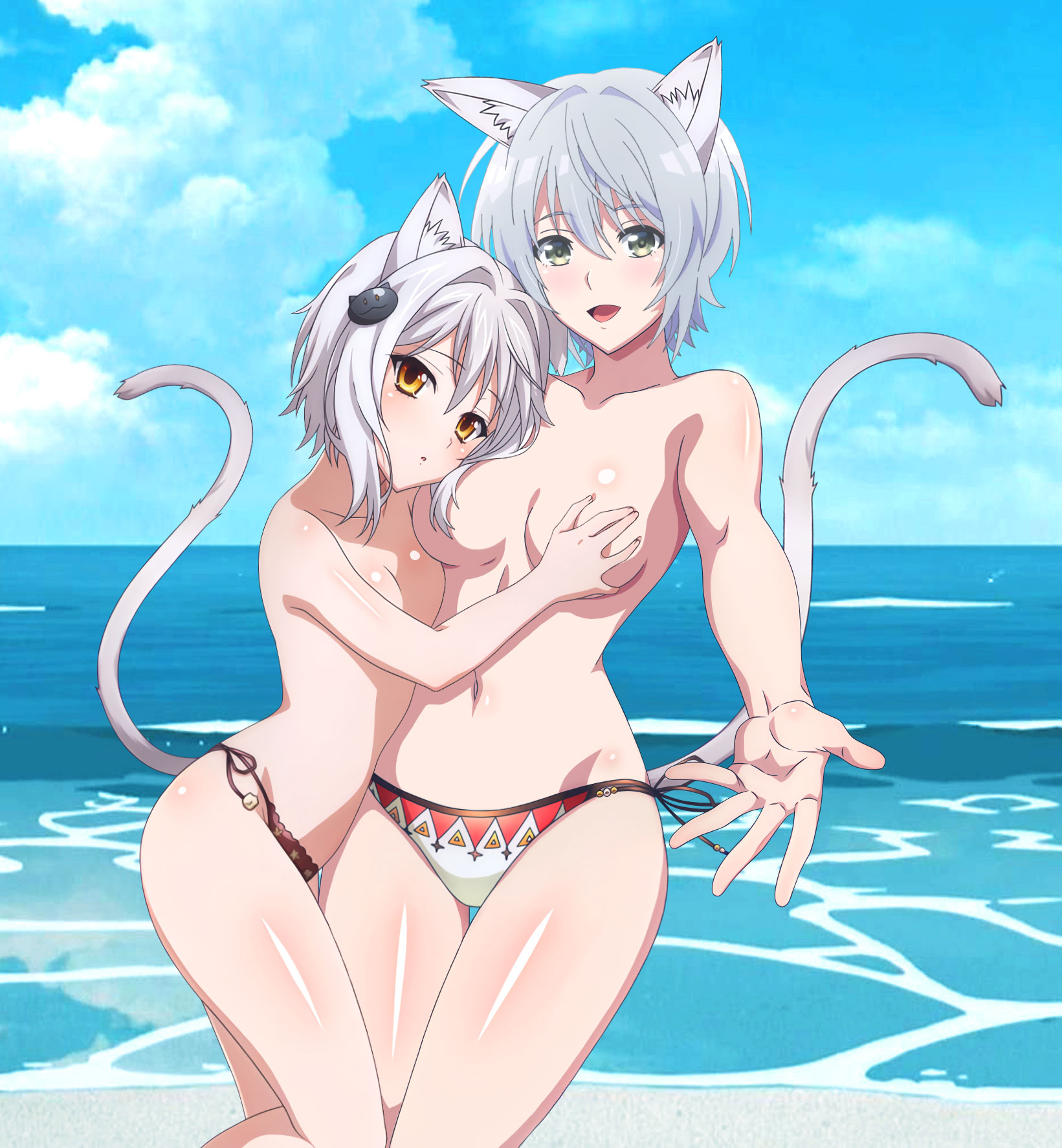 2girls, bare legs, bare shoulders, beach, bikini bottom, breasts, cat ears, cat girl, cat tail, catgirl, cleavage, color, female, grabbing another's breast, grabbing breasts, green eyes, hair ornament, happy, happy female, high school dxd, kikuchi fuuka, koneko toujou, leaning, looking at viewer, medium breasts, nipples, public topless, short hair, silver hair, small breasts, smile, standing, topless, topless female, yellow eyes