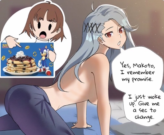 2girls, breasts, female, funny, gjh 1, makoto niijima, persona, persona 5, sae niijima, sonic (series), sonic the hedgehog, sonic the hedgehog (series), sweatpants, tagme, topless