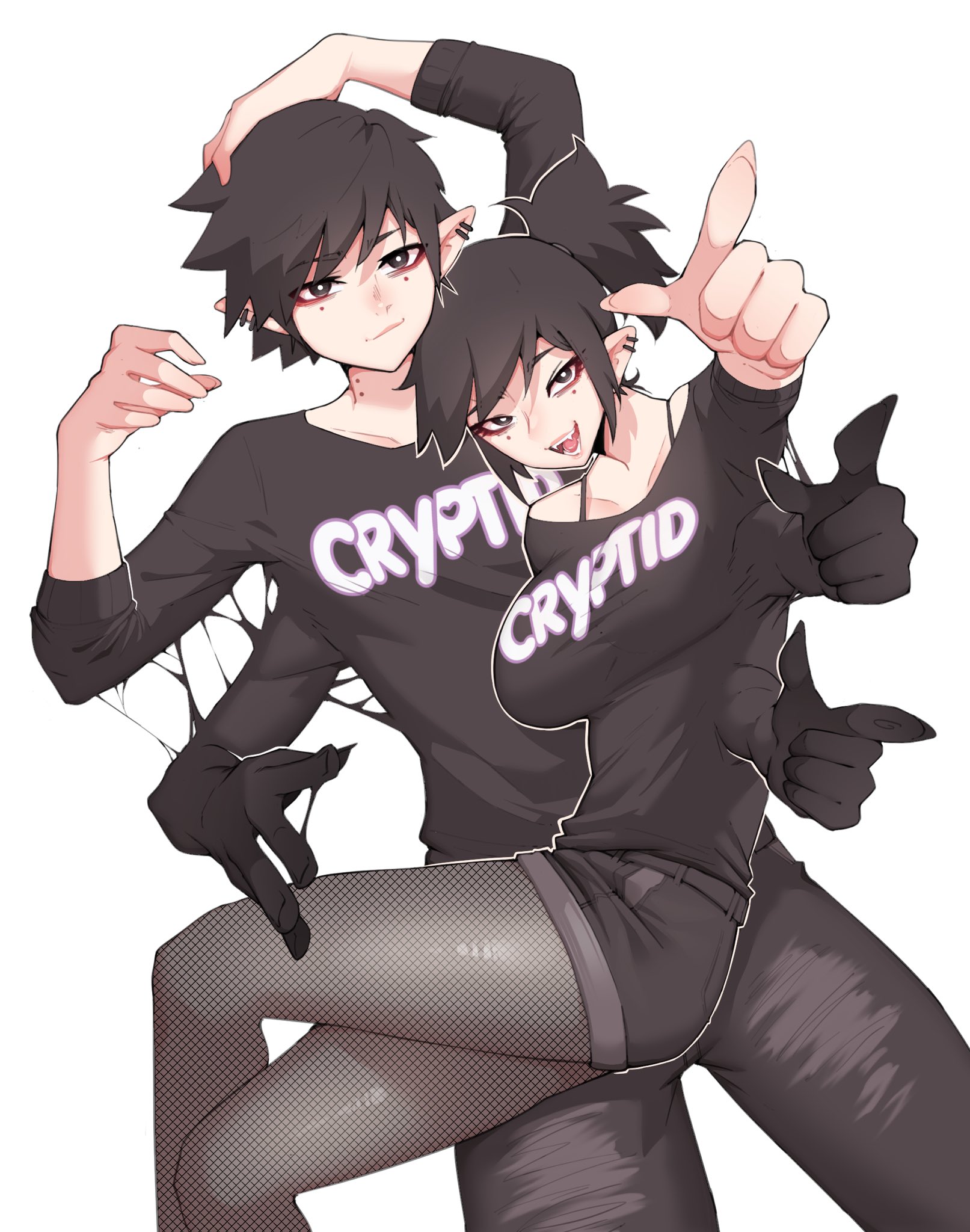 1boy, 1girls, black eyes, black hair, clone, earrings, fangs, female, fishnet pantyhose, hi res, looking at viewer, luxurias, male, multi arm, multi limb, original, pantyhose, pointy ears, smiling, smiling at viewer, text on clothing, the landlord (luxurias), white background