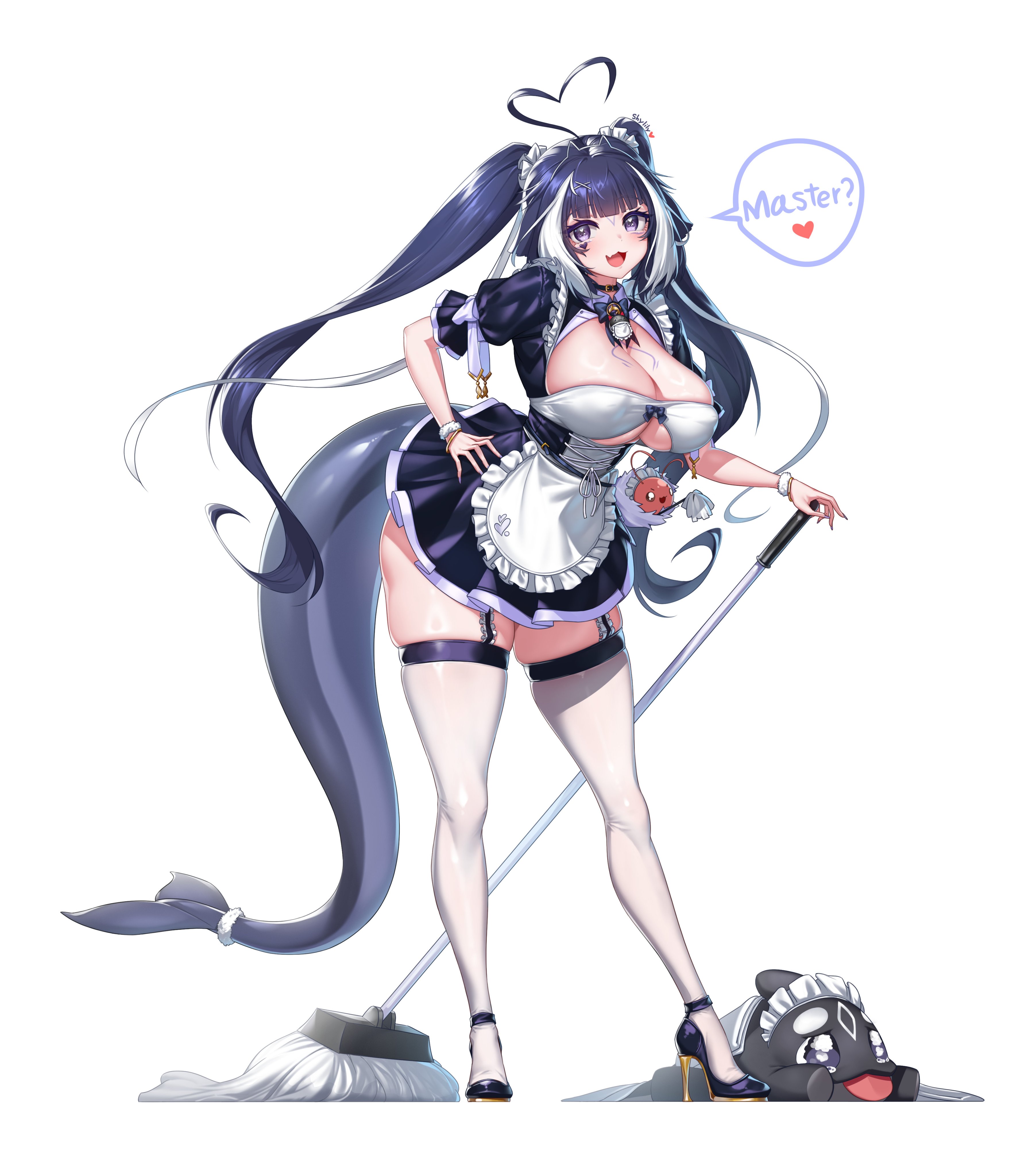 ass, blue eyes, breasts, female, fish tail, high heels, indie virtual youtuber, large breasts, maid uniform, orca girl, orca tail, pell pt (artist), shylily, spoof (shylily), tagme, tail, the bikini bottoms, thick ass, thick thighs, thigh highs, virtual youtuber, vtuber, vtuberfanart