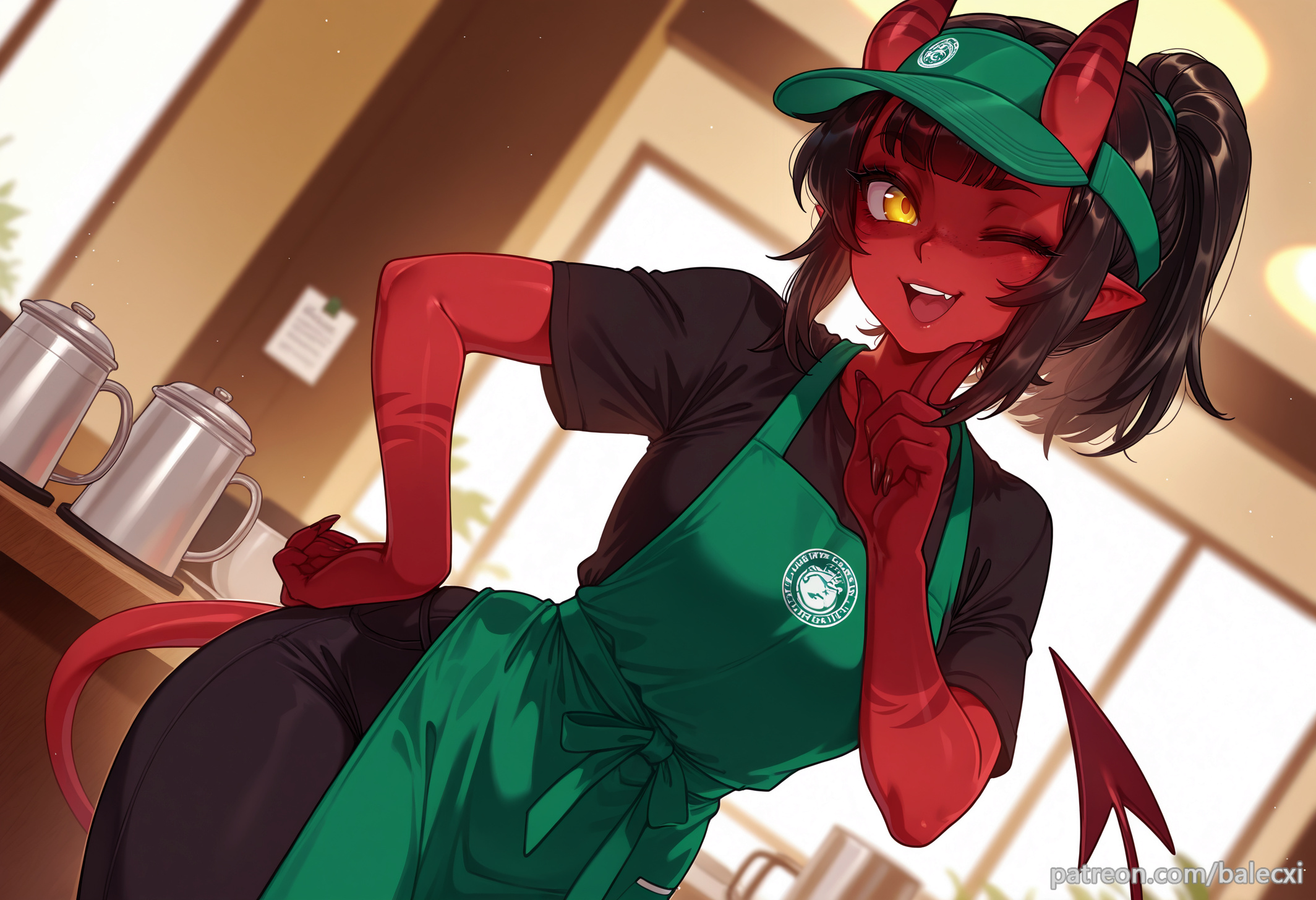 ;d, ai generated, balecxi, barista, black hair, black shirt, colored skin, demon, demon girl, demon horns, demon tail, female, freckles, green apron, hand on own hip, indoors, looking at viewer, meru (merunyaa), meruccubus (merunyaa), one eye closed, oni, open mouth, original, pointy ears, ponytail, red skin, short sleeves, skin-covered horns, smile, solo, teeth, visor cap, yellow eyes