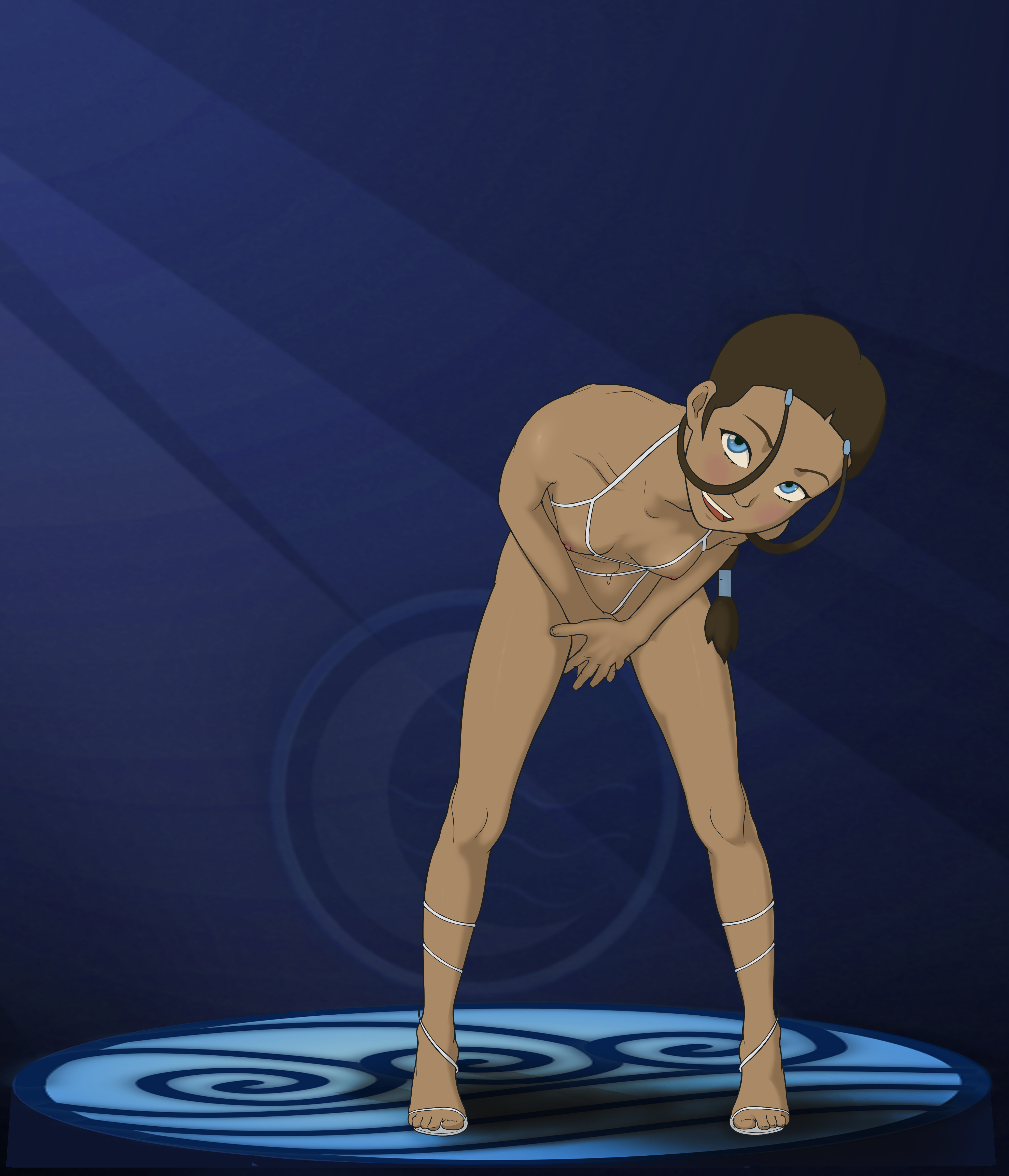 anaxus, avatar the last airbender, blue eyes, blush, breasts, brown hair, covering crotch, dark skin, dark-skinned female, female, footwear, heels, high heels, katara, long hair, looking at viewer, naked, naked footwear, nipples, open mouth, open toe shoes, ponytail, small breasts, smiling, solo, standing, tagme, white footwear, white heels