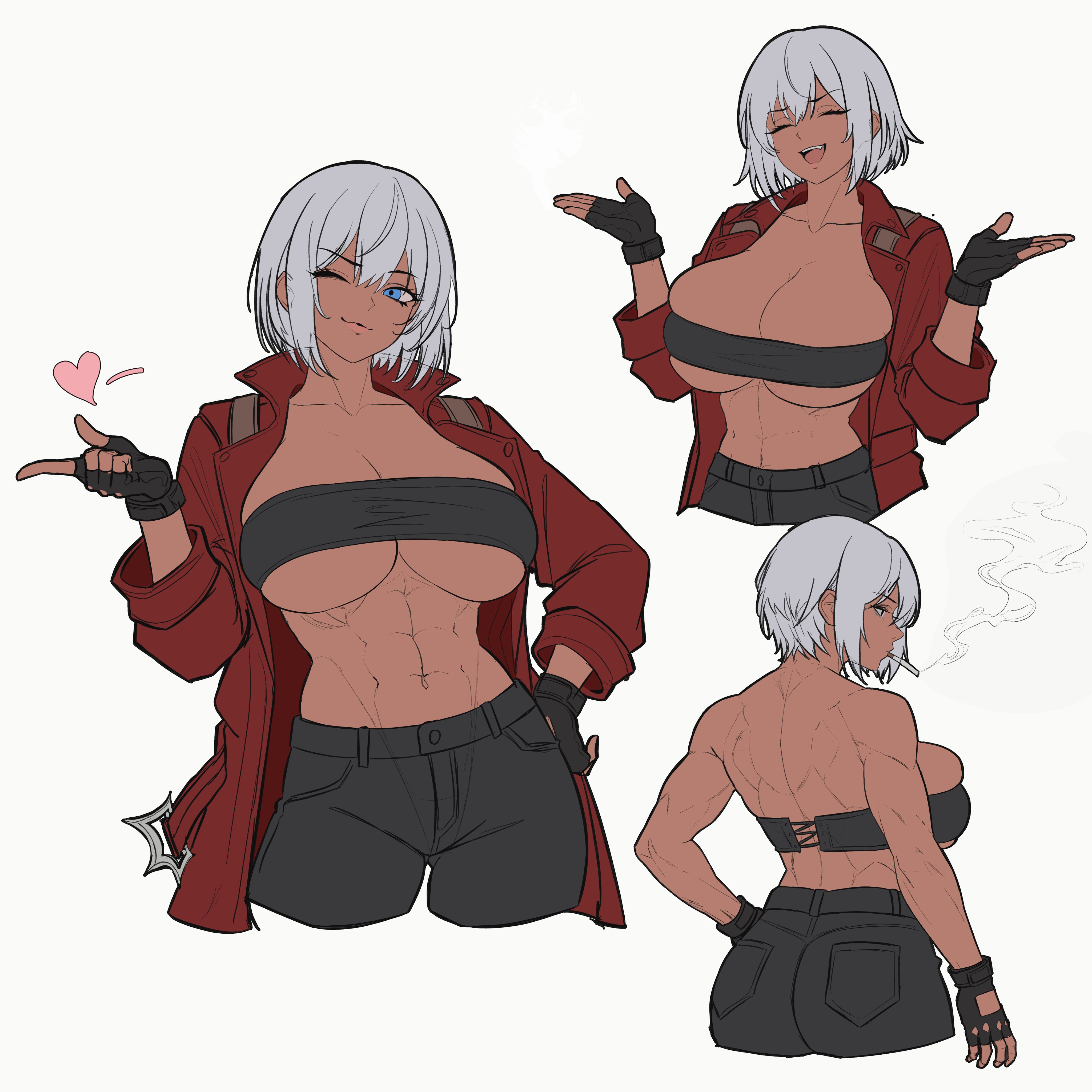 1girls, 2d, abs, blue eyes, breasts, bulging breasts, bursting breasts, chest binder, cigarette, dante (devil may cry), devil may cry, devil may cry (series), devil may cry 3, female, fingerless gloves, free form, genderswap, genderswap (mtf), gloves, heart, izumi is blah, mtf transformation, muscles, muscular, muscular female, pants, ripped clothing, rule 63, smoking, stretching, tan skin, toned, toned female, transformation, trenchcoat, underboob, white hair