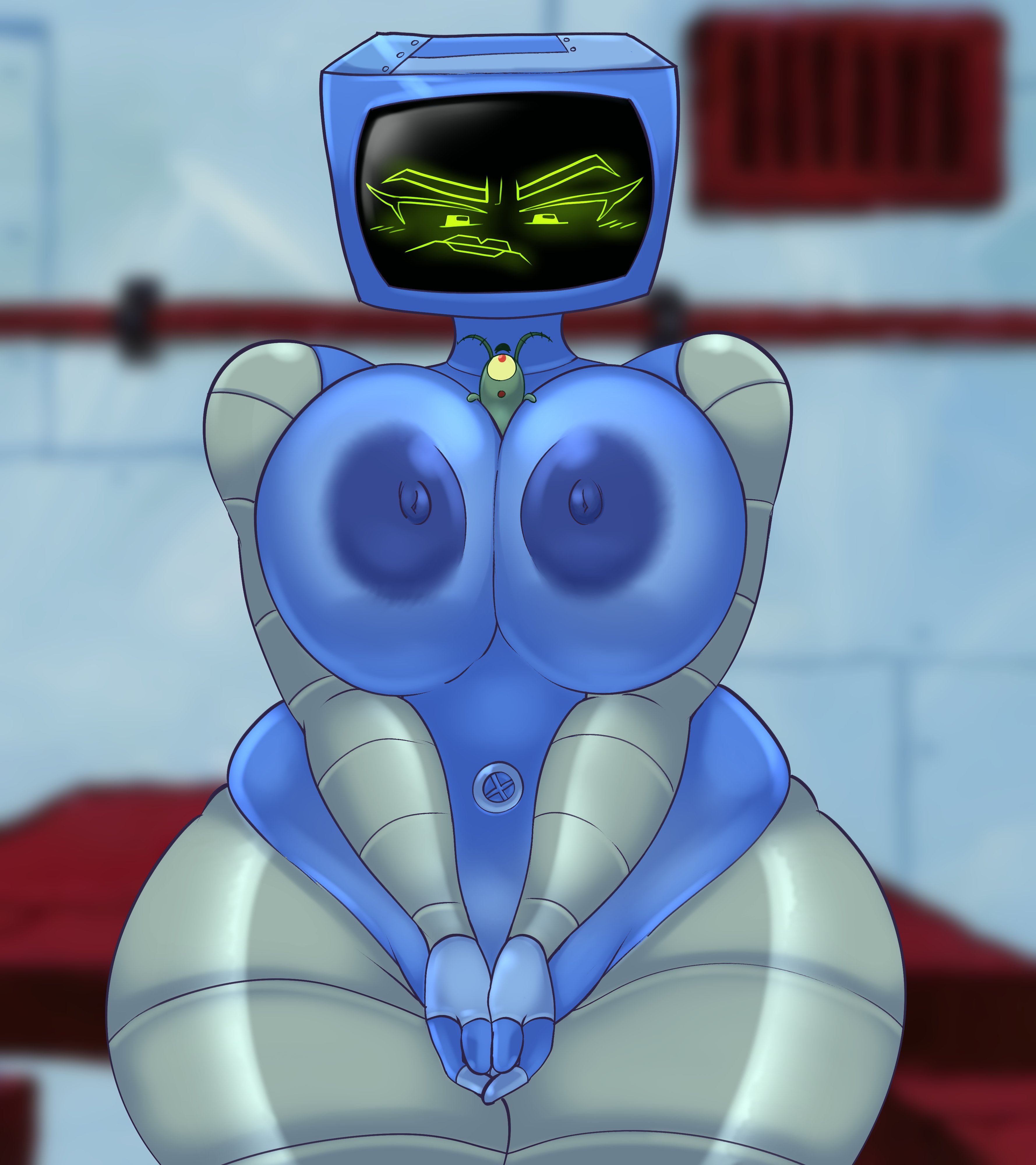 1boy, 1girls, big breasts, blushing, breasts, computer, female, jpg, karen plankton, male, monitor head, nickelodeon, plankton, robot, robot female, screen face, sheldon j. plankton, size difference, spongebob squarepants, tagme, teenagebratwurst, thick thighs, trapped in breasts, tv head, tv screen, twitter link, wide hips