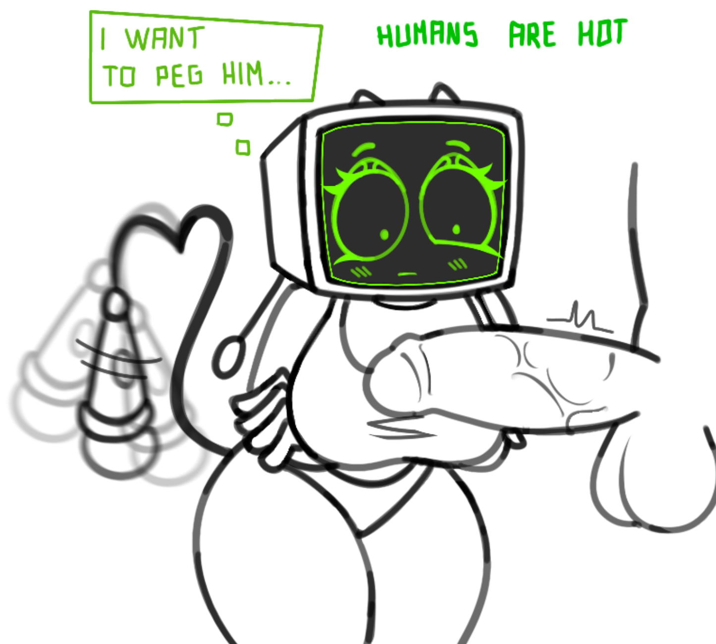 1boy, 1girls, anon, balls, big balls, big breasts, big penis, big thighs, breasts, dandy's world, erected penis, erection, eyes wide open, female, green eyes, huge balls, huge breasts, huge cock, human, humanoid, looking down, male, object head, penis, screen face, stregaz173341, surprised, surprised expression, tail motion, tail wagging, throbbing penis, toonophilia, tv head, vee (dandy's world), veiny penis